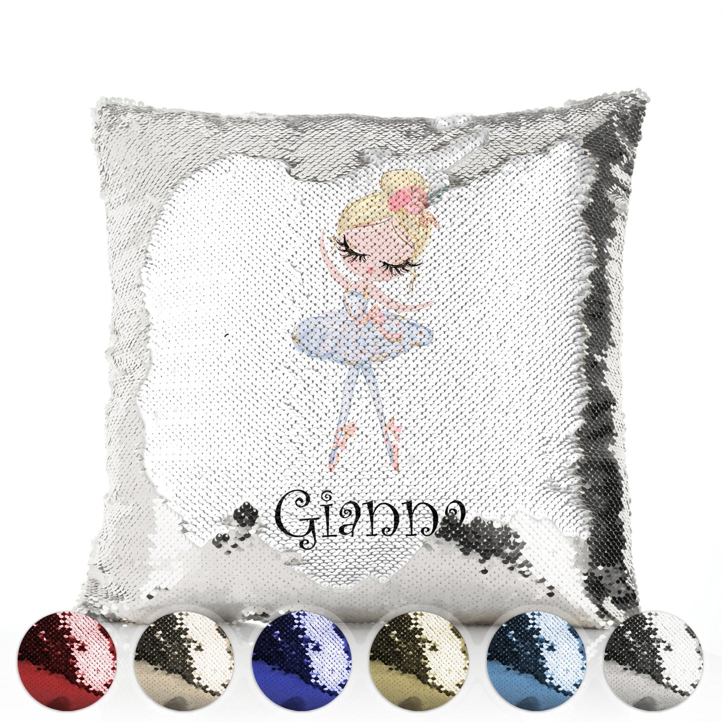 Personalisiertes Paillettenkissen mit süßem Text und blondem Haar, weißem Kleid, Ballerina