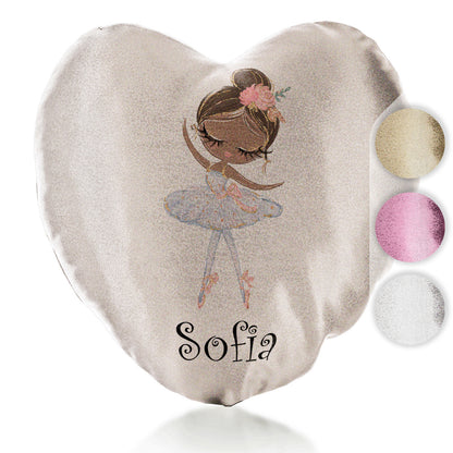 Personalised Glitter Heart Cushion with Cute Text and Black Hair White Dress Ballerina