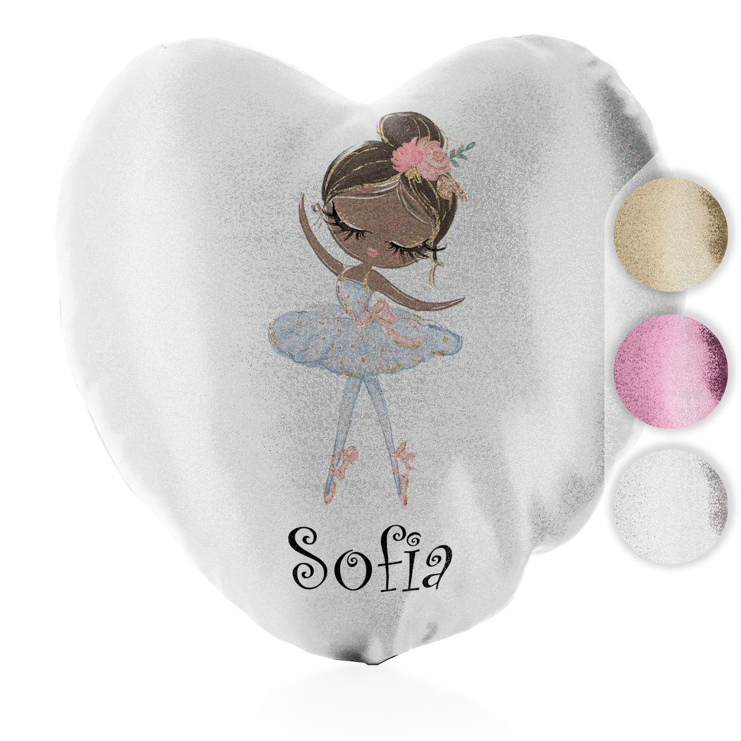 Personalised Glitter Heart Cushion with Cute Text and Black Hair White Dress Ballerina
