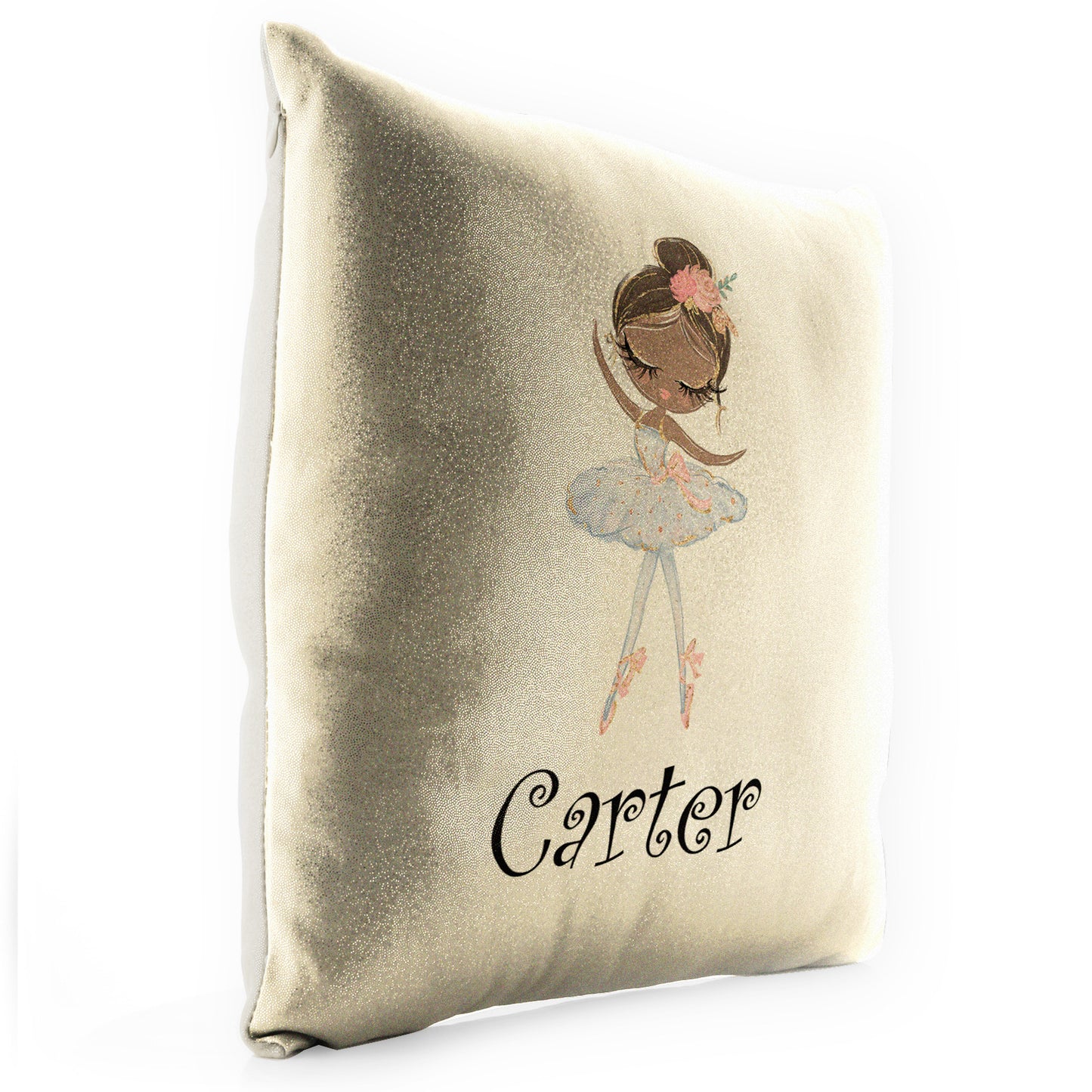 Personalised Glitter Cushion with Cute Text and Black Hair White Dress Ballerina