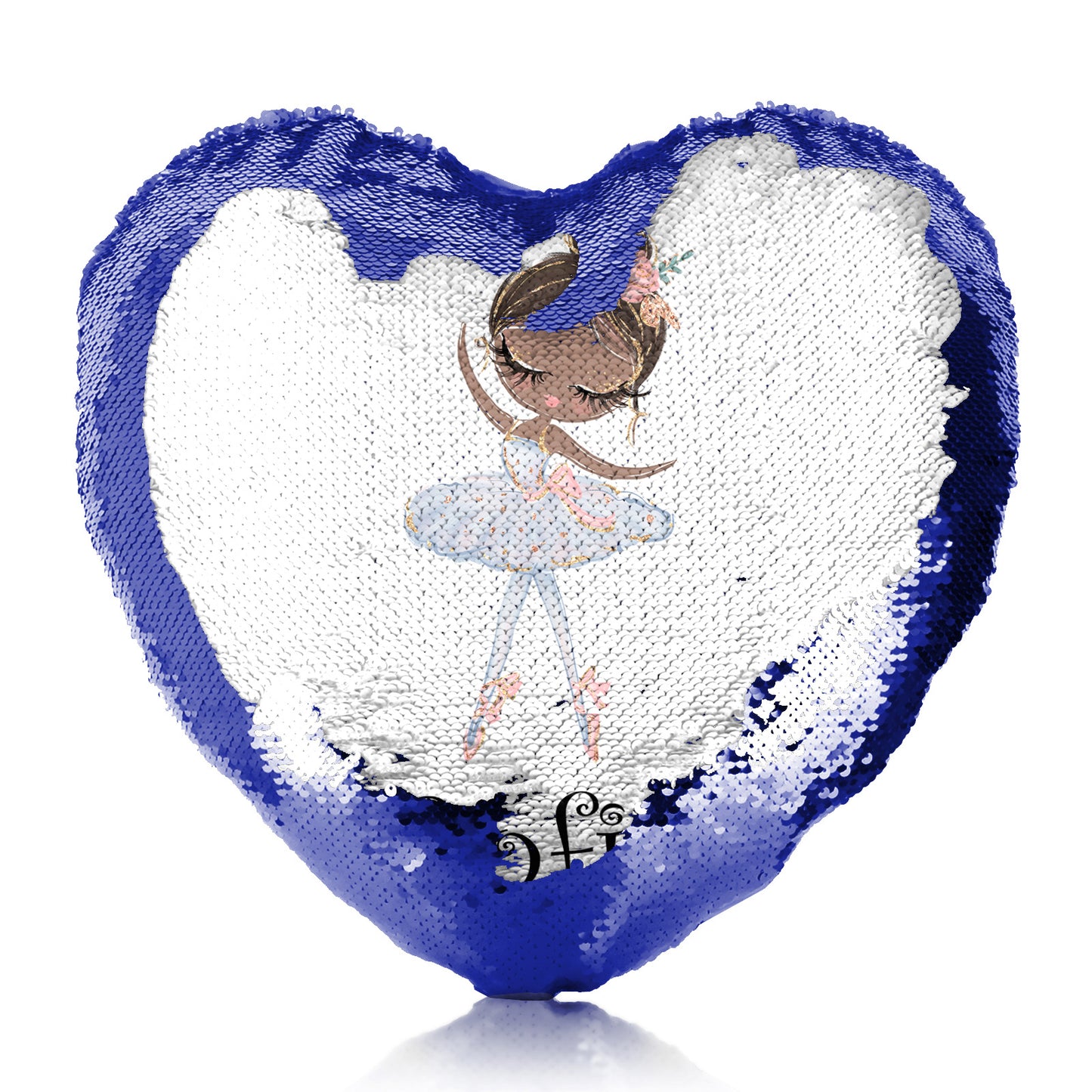 Personalised Sequin Heart Cushion with Cute Text and Black Hair White Dress Ballerina
