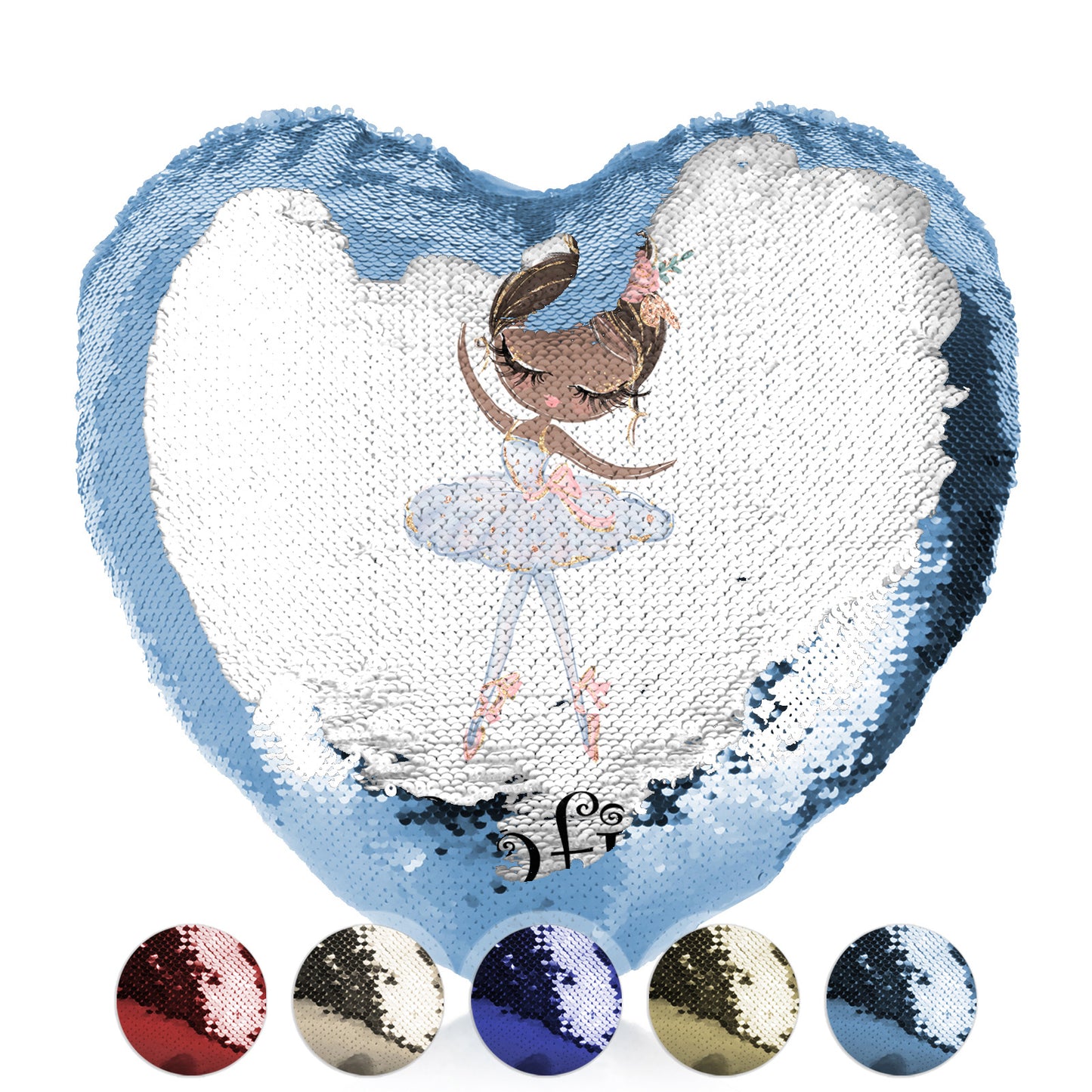 Personalised Sequin Heart Cushion with Cute Text and Black Hair White Dress Ballerina