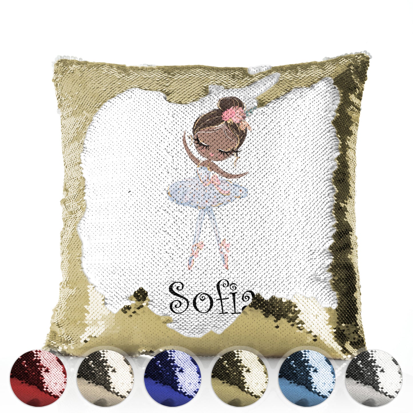 Personalisiertes Paillettenkissen mit süßem Text und schwarzem Haar, weißem Kleid, Ballerina