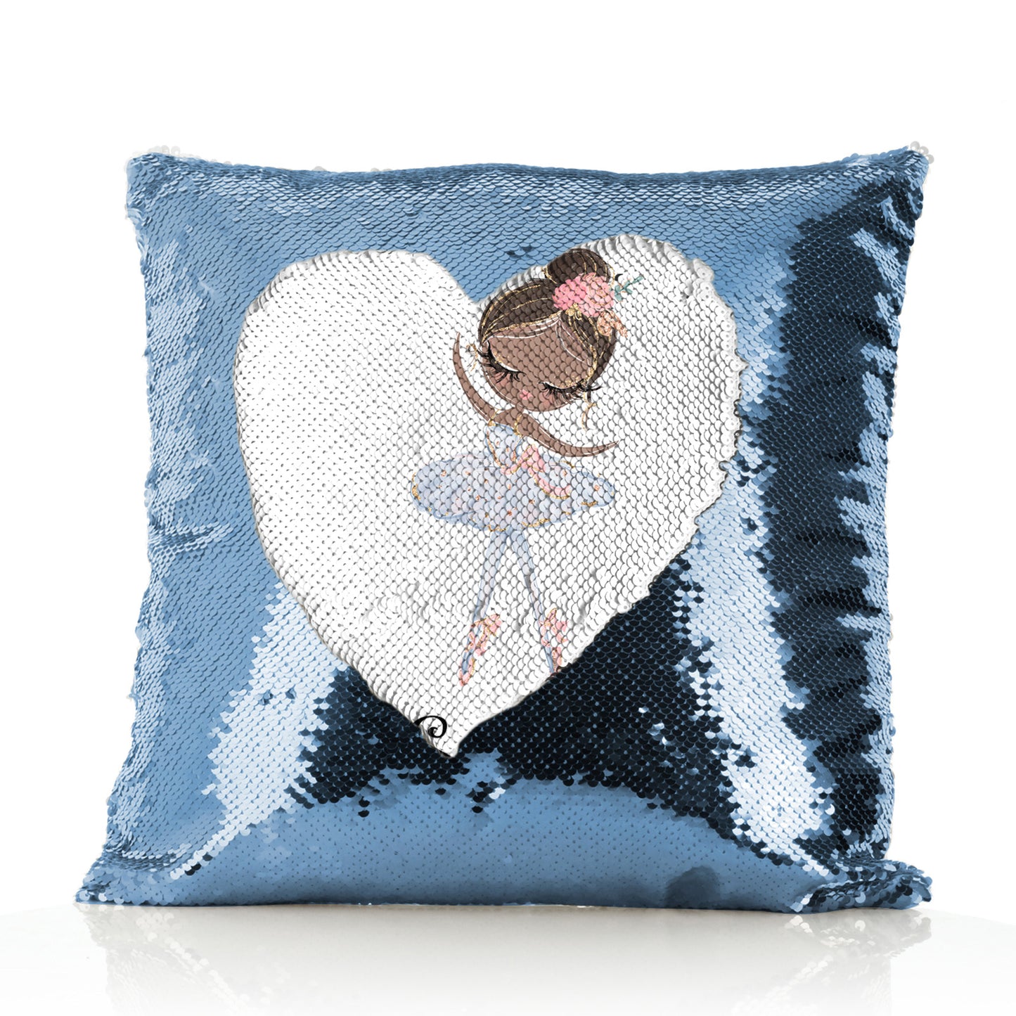Personalised Sequin Cushion with Cute Text and Black Hair White Dress Ballerina
