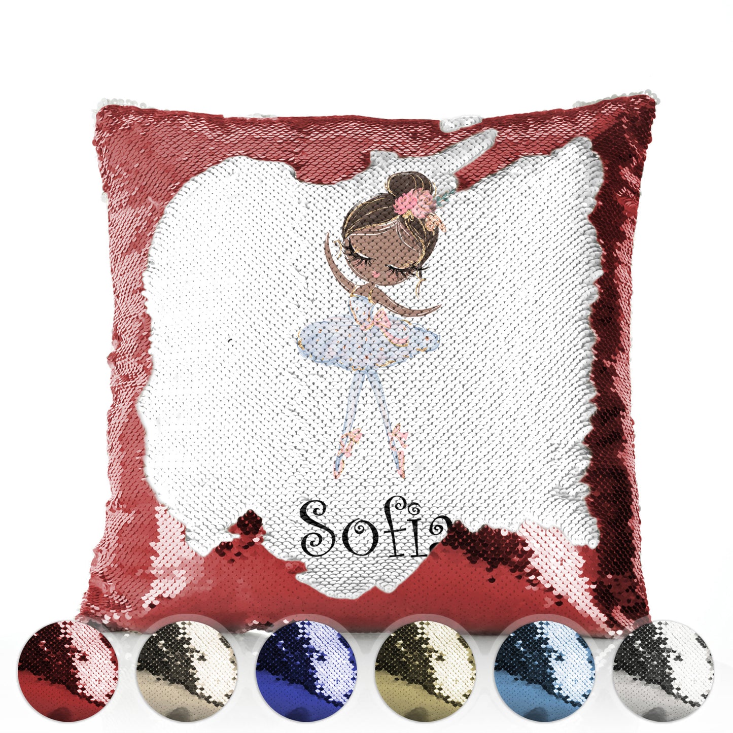 Personalisiertes Paillettenkissen mit süßem Text und schwarzem Haar, weißem Kleid, Ballerina