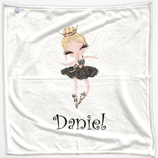Personalised Baby Blanket with Cute Text and Blonde Hair Black Dress Tiara Ballerina