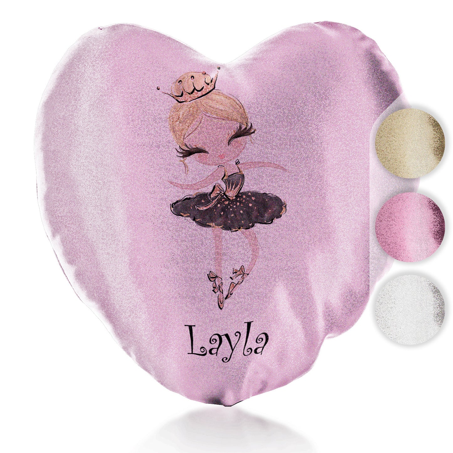 Personalised Glitter Heart Cushion with Cute Text and Blonde Hair Black Dress Tiara Ballerina