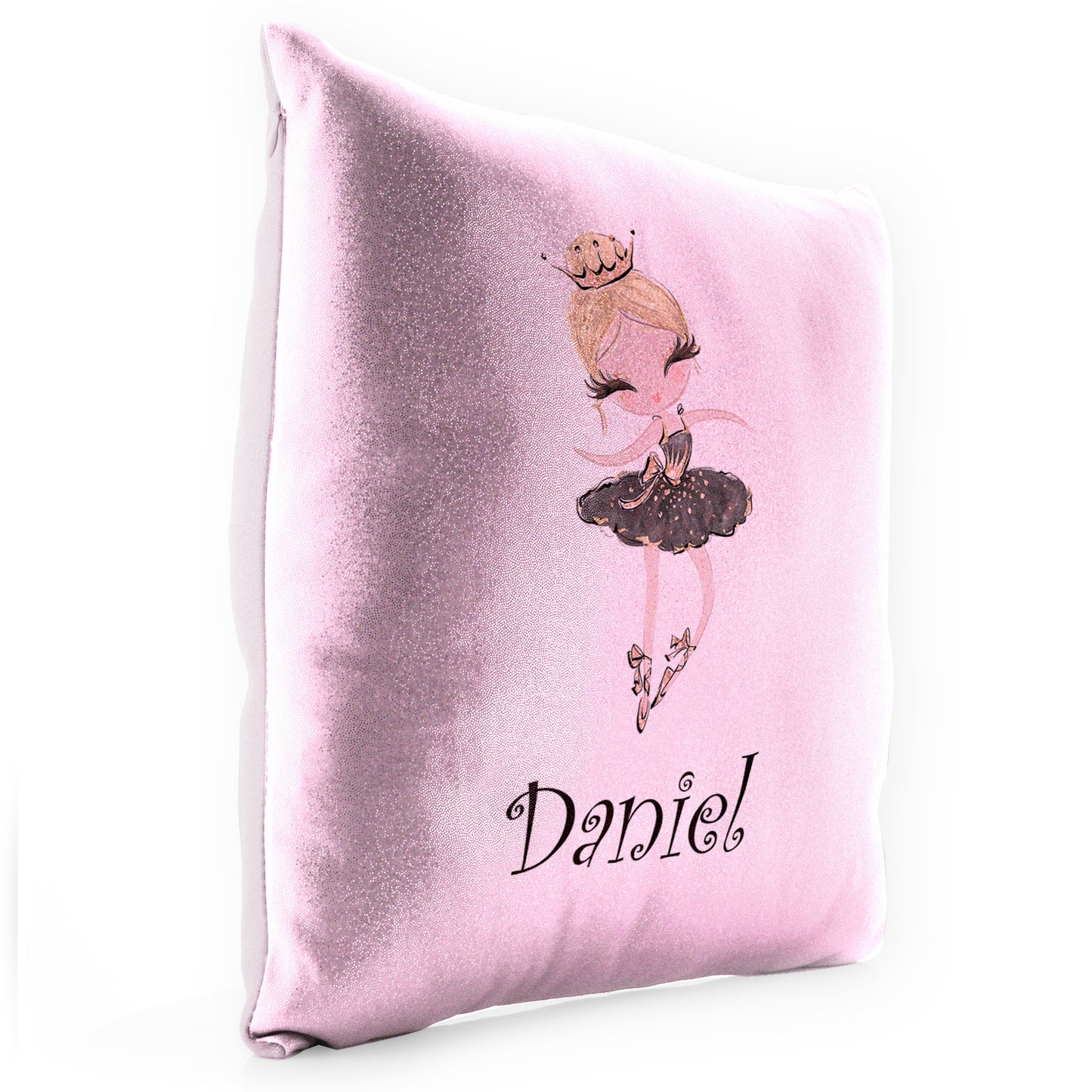 Personalised Glitter Cushion with Cute Text and Blonde Hair Black Dress Tiara Ballerina