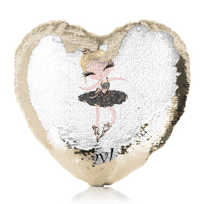 Personalised Sequin Heart Cushion with Cute Text and Blonde Hair Black Dress Tiara Ballerina