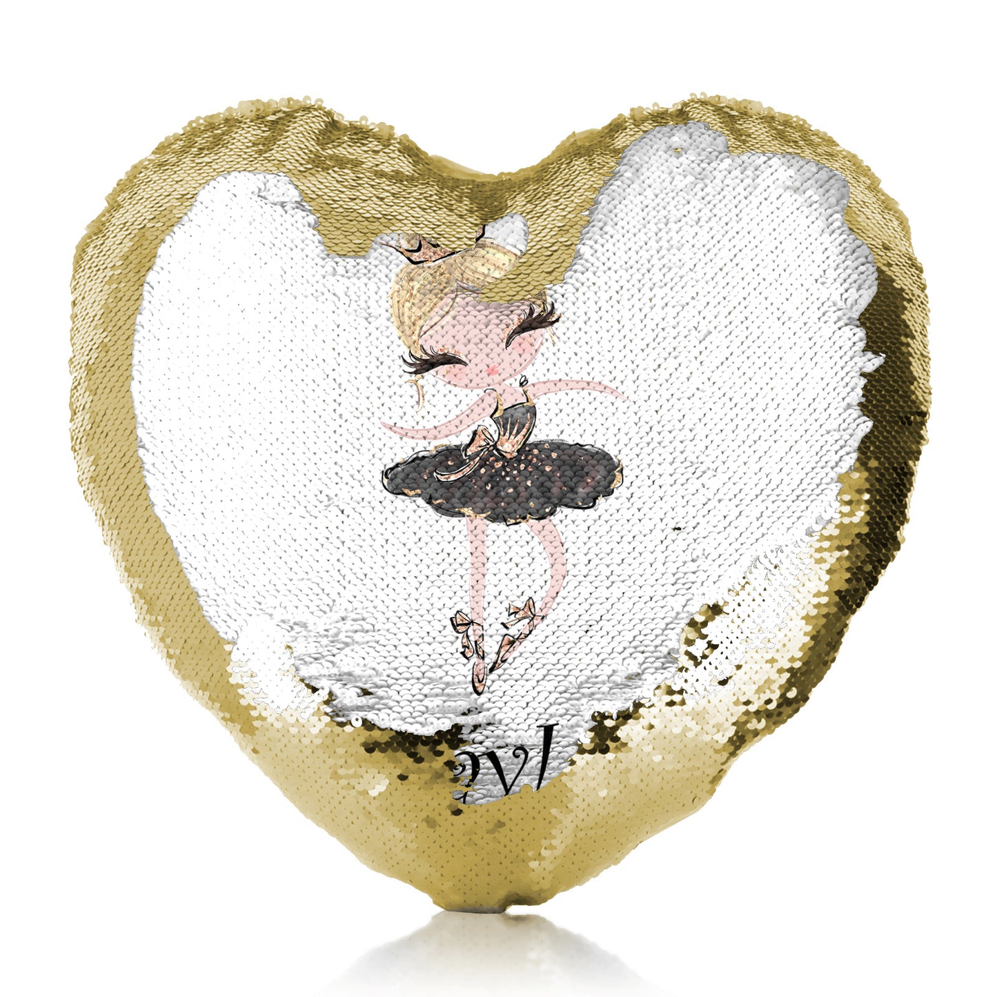 Personalised Sequin Heart Cushion with Cute Text and Blonde Hair Black Dress Tiara Ballerina