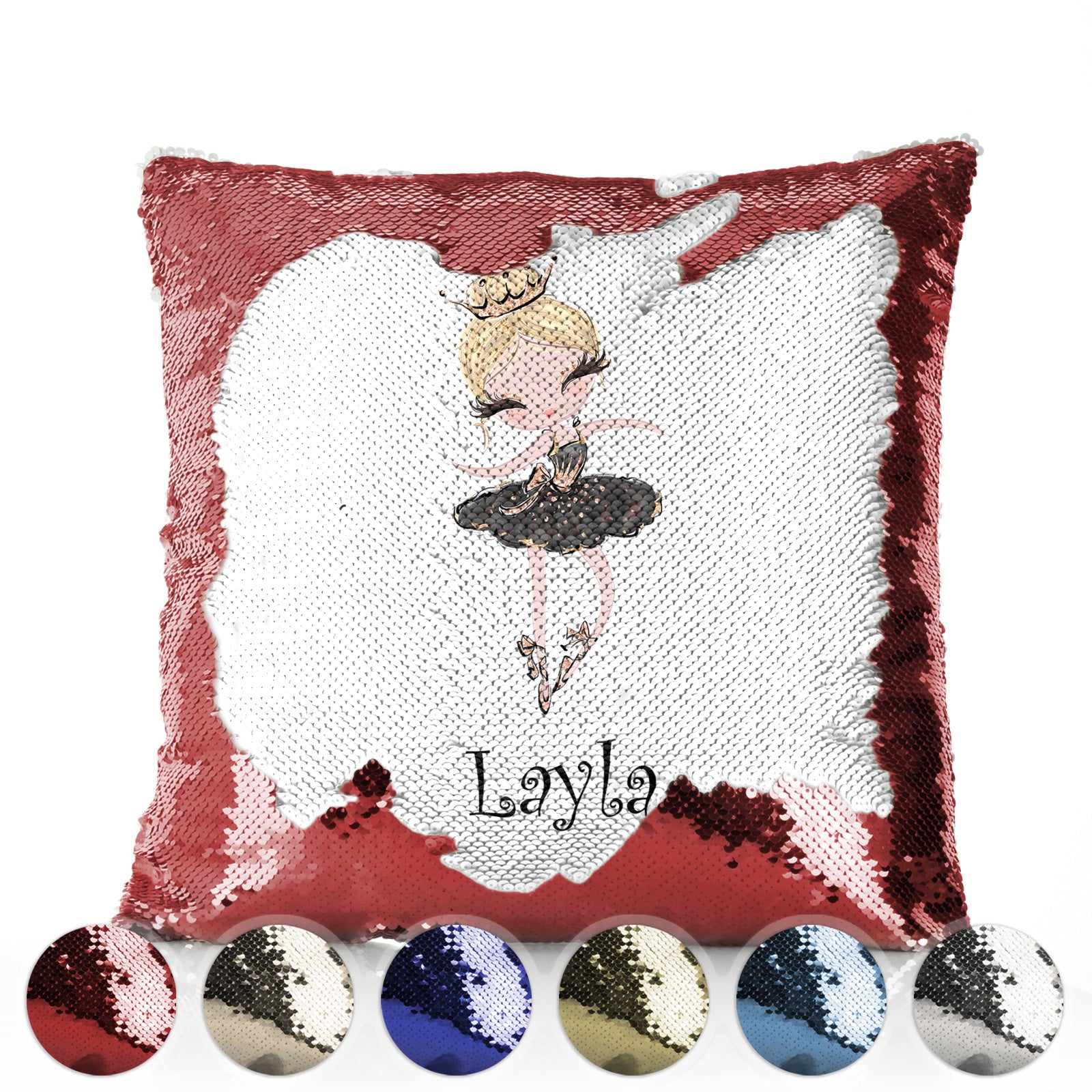 Personalised Sequin Cushion with Cute Text and Blonde Hair Black Dress Tiara Ballerina