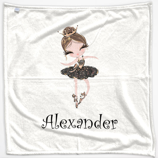 Personalised Baby Blanket with Cute Text and Light Brown Hair Black Dress Tiara Ballerina