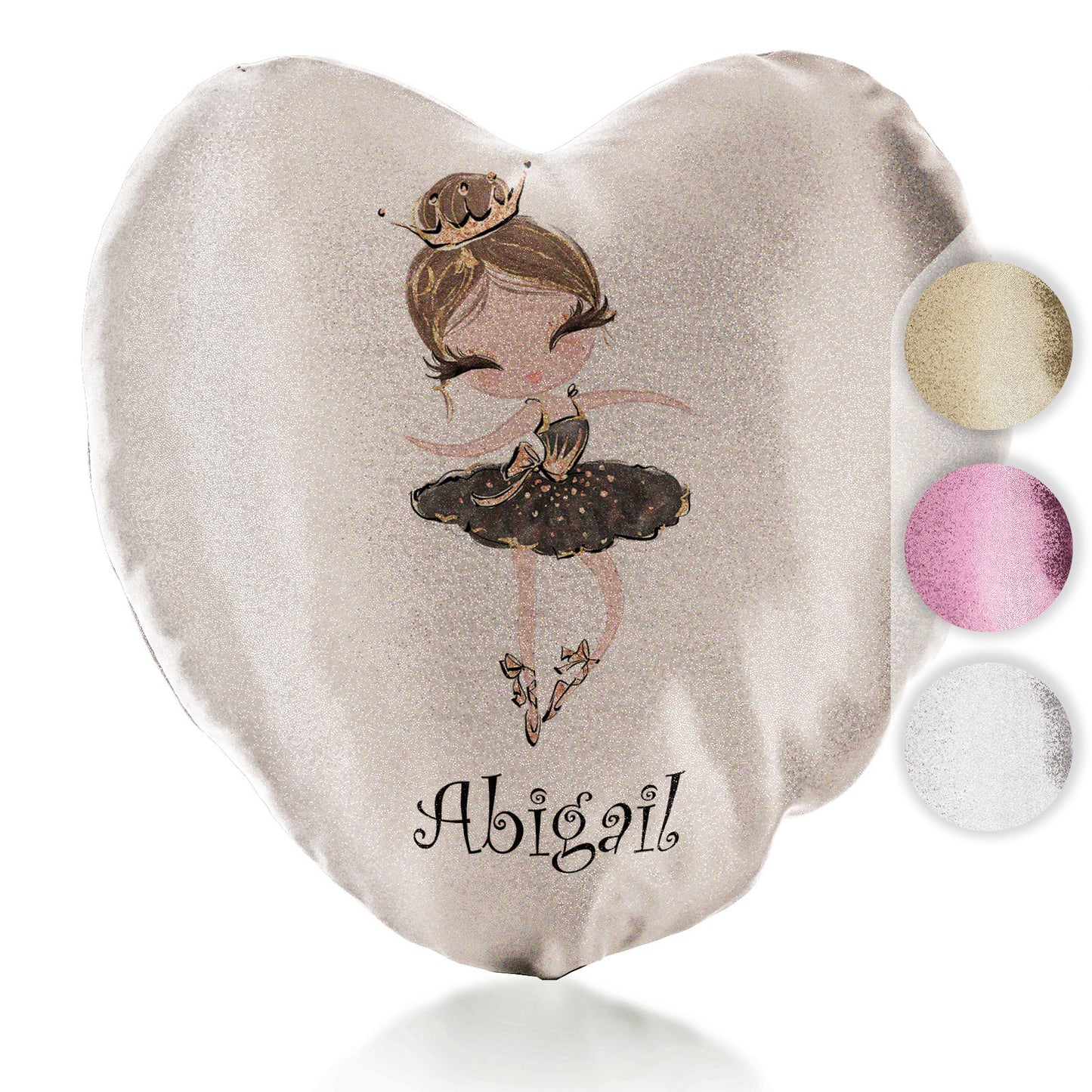 Personalised Glitter Heart Cushion with Cute Text and Light Brown Hair Black Dress Tiara Ballerina