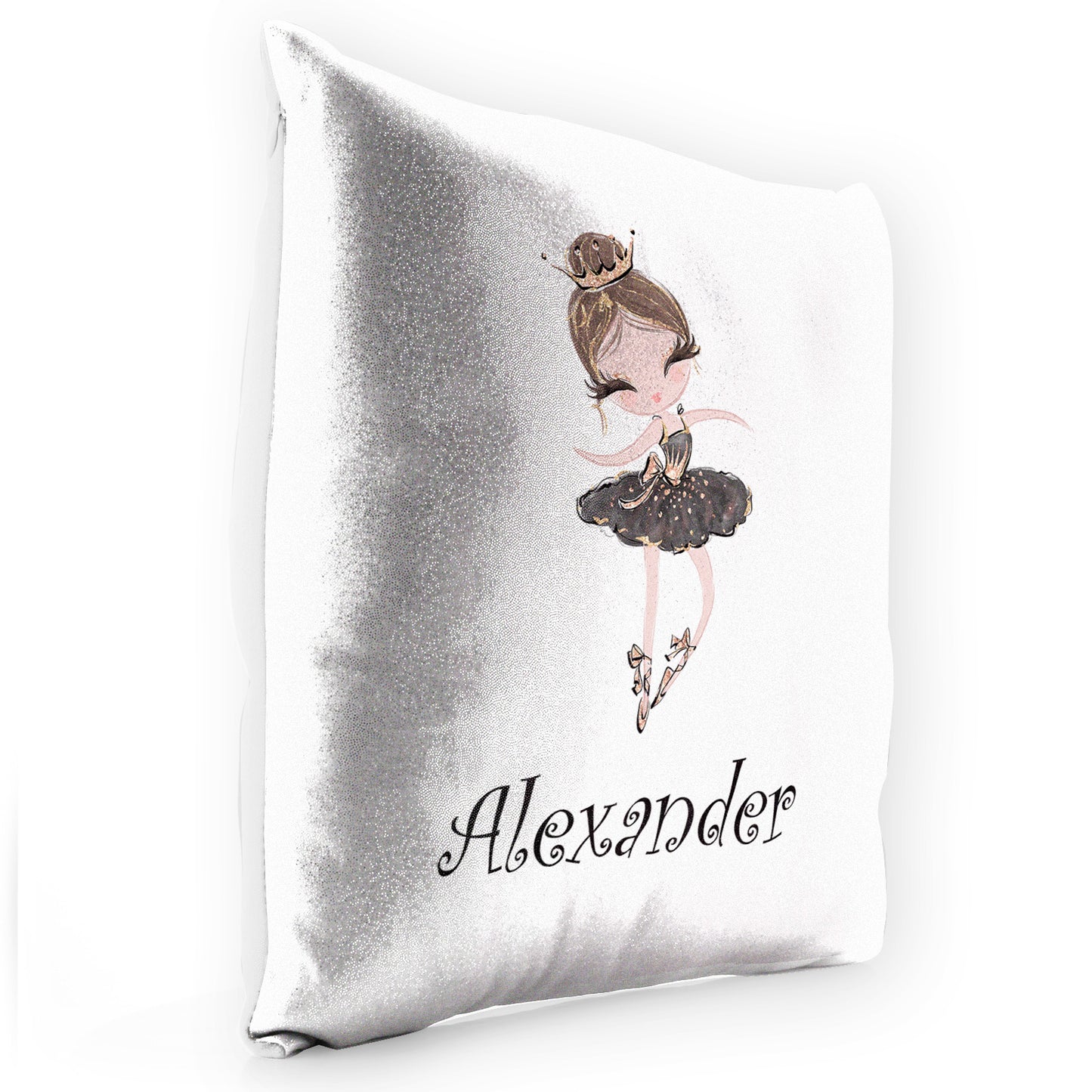 Personalised Glitter Cushion with Cute Text and Light Brown Hair Black Dress Tiara Ballerina