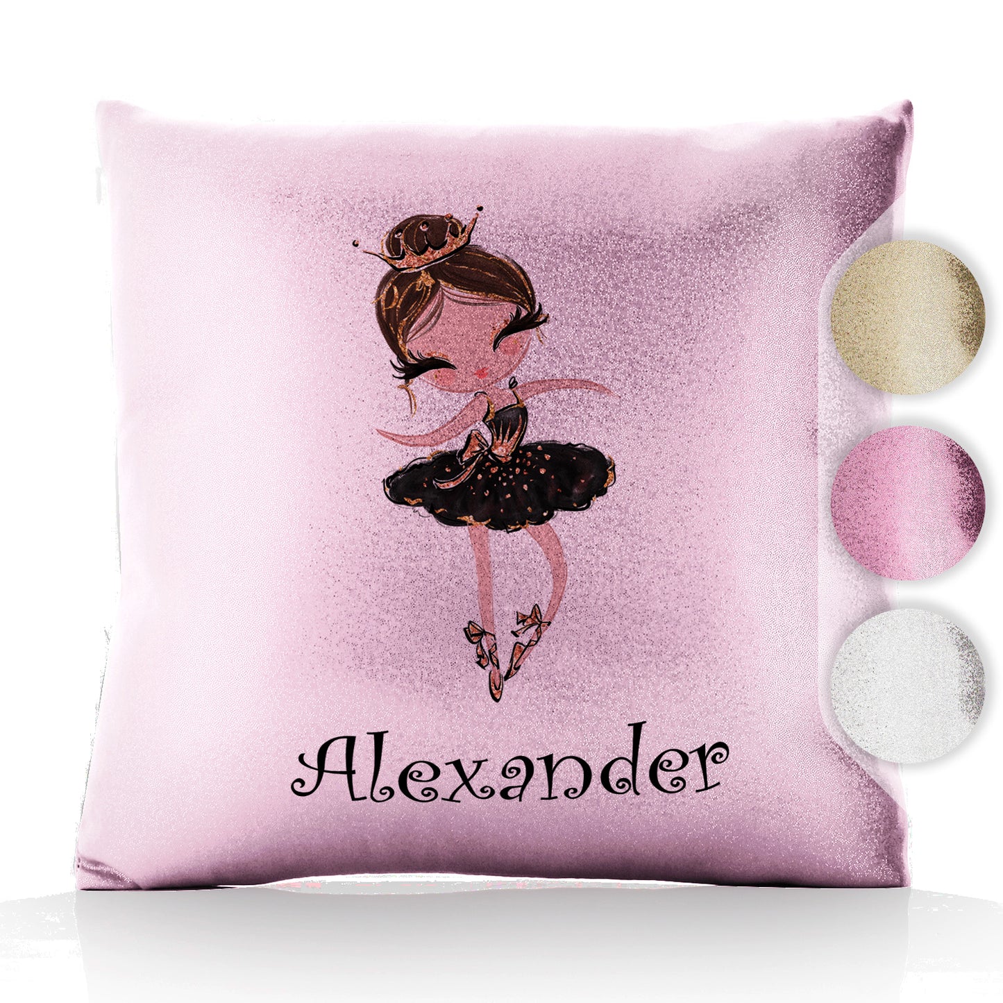 Personalisiertes Glitzerkissen mit süßem Text und hellbraunem Haar, schwarzem Kleid, Tiara, Ballerina