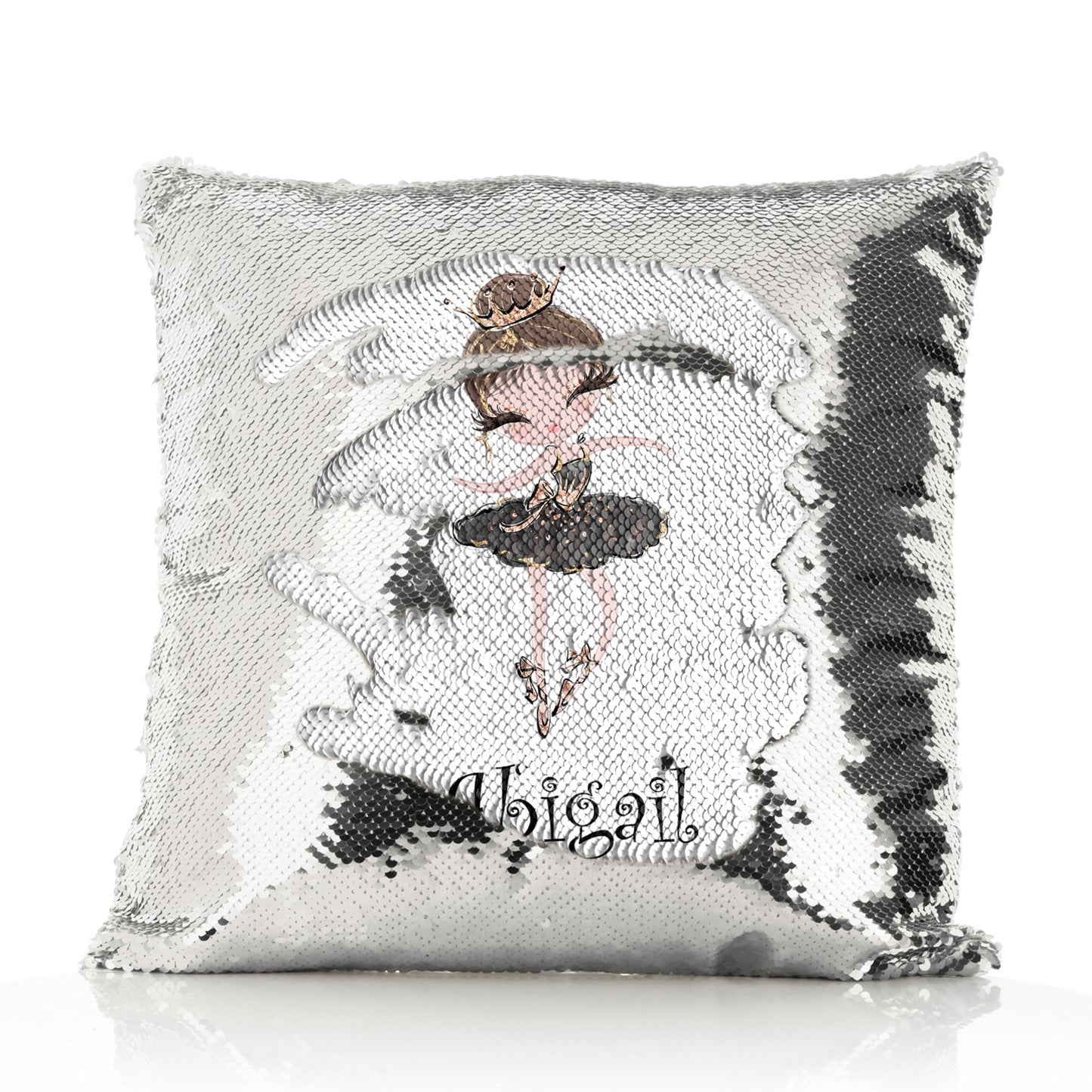 Personalised Sequin Cushion with Cute Text and Light Brown Hair Black Dress Tiara Ballerina