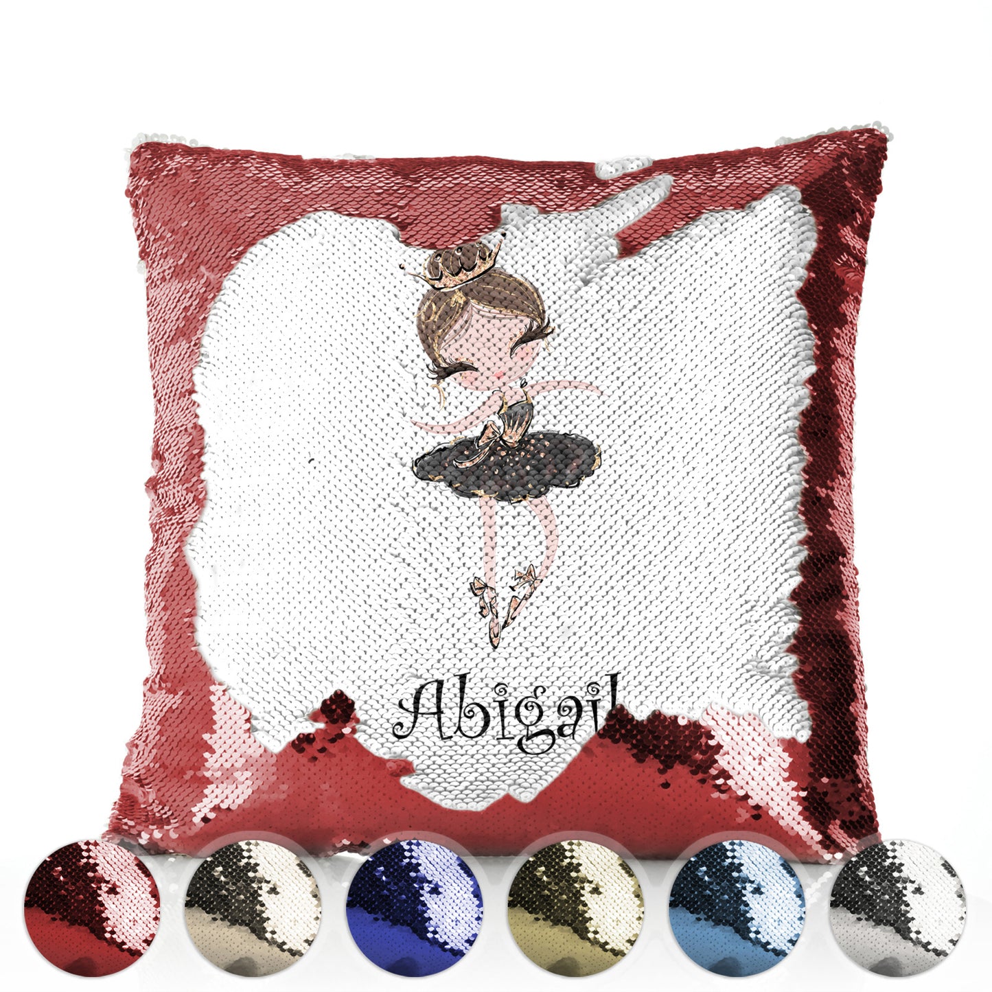 Personalised Sequin Cushion with Cute Text and Light Brown Hair Black Dress Tiara Ballerina