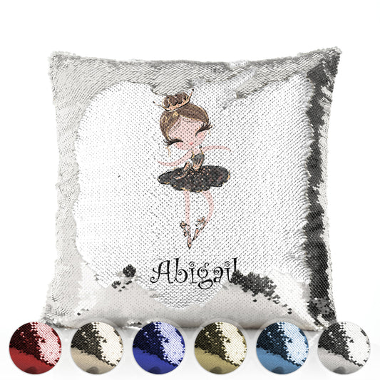 Personalised Sequin Cushion with Cute Text and Light Brown Hair Black Dress Tiara Ballerina