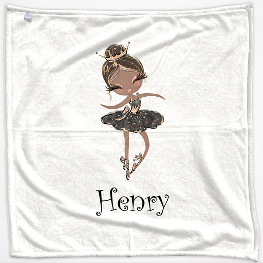 Personalised Baby Blanket with Cute Text and Black Hair Black Dress Tiara Ballerina