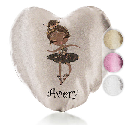 Personalised Glitter Heart Cushion with Cute Text and Black Hair Black Dress Tiara Ballerina
