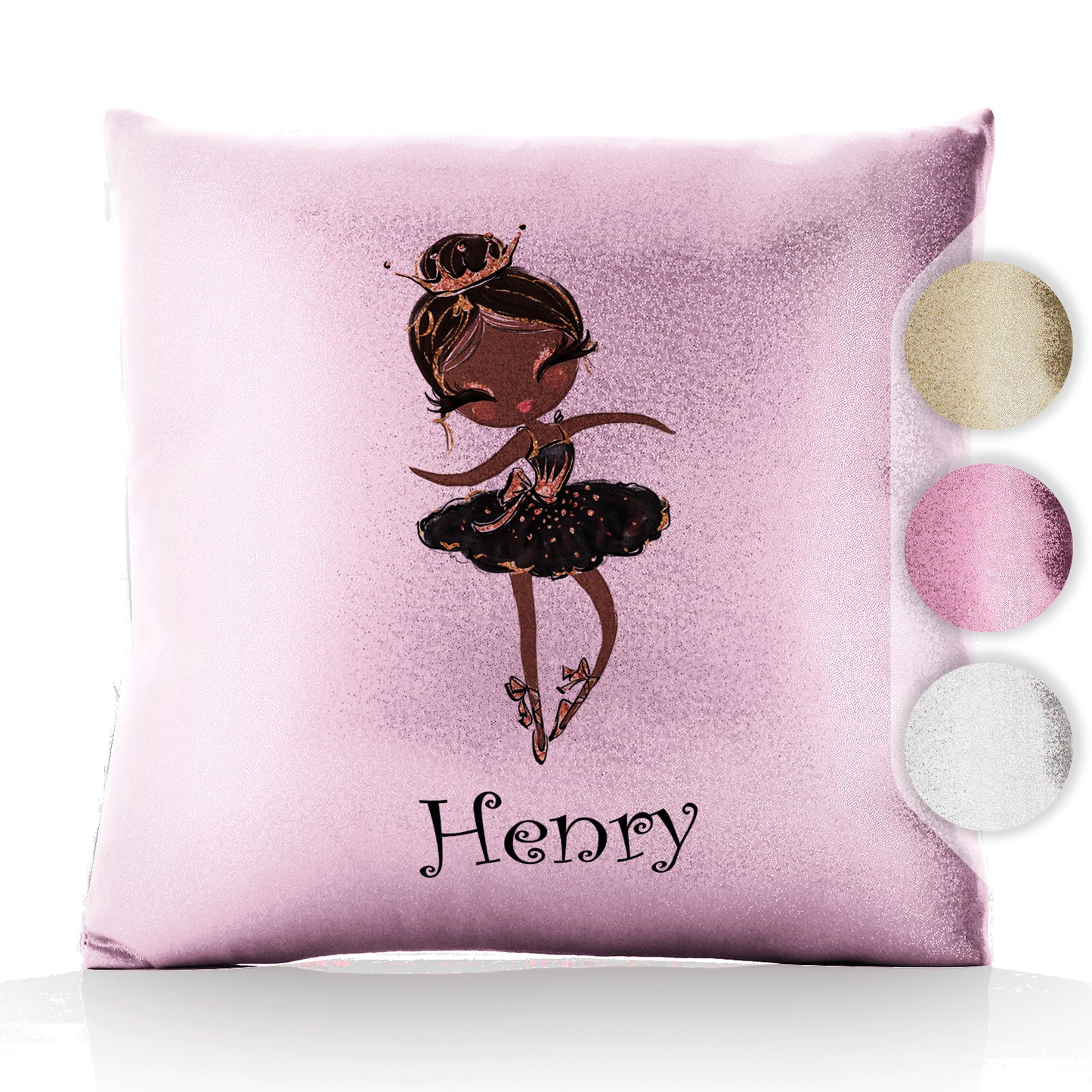 Personalised Glitter Cushion with Cute Text and Black Hair Black Dress Tiara Ballerina