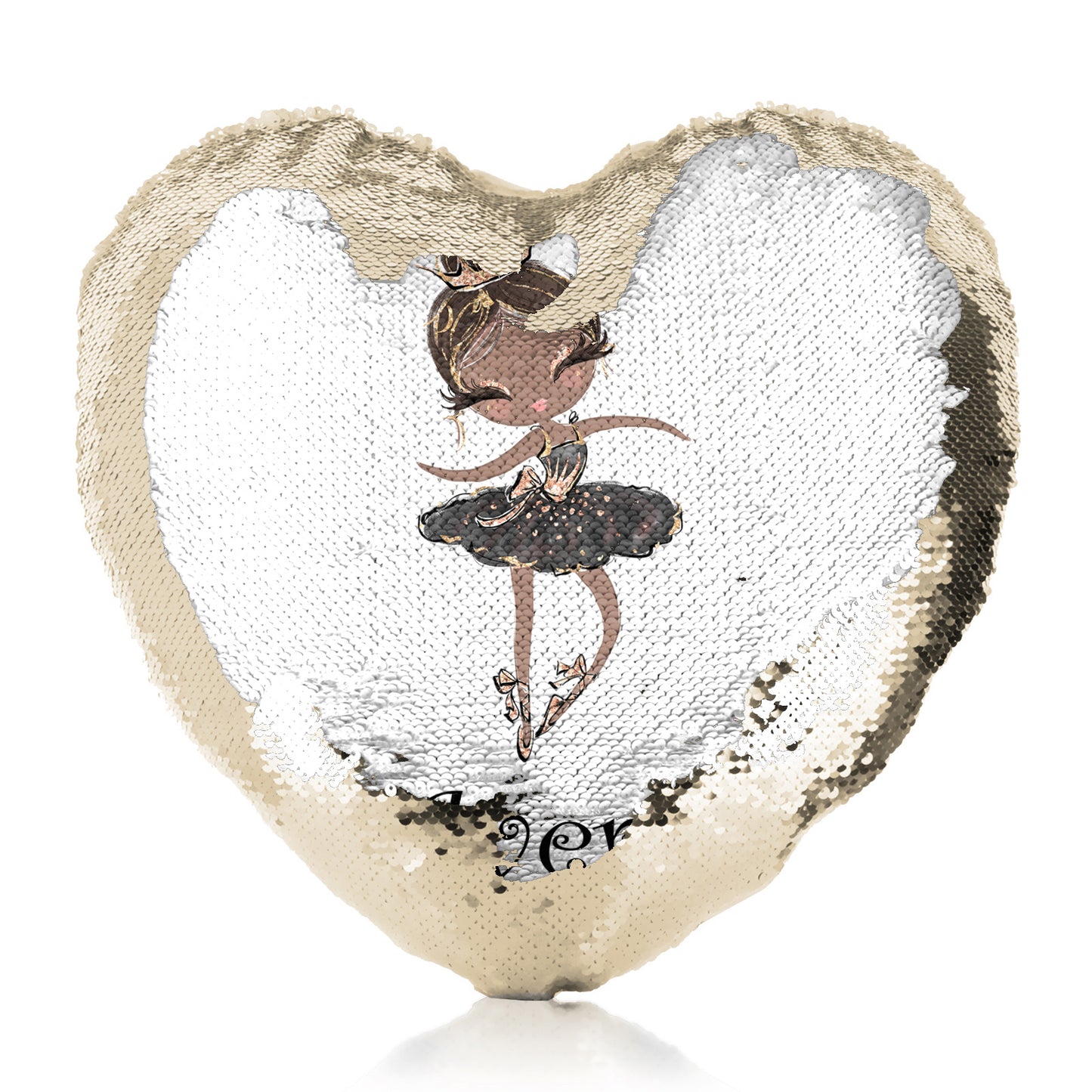 Personalised Sequin Heart Cushion with Cute Text and Black Hair Black Dress Tiara Ballerina