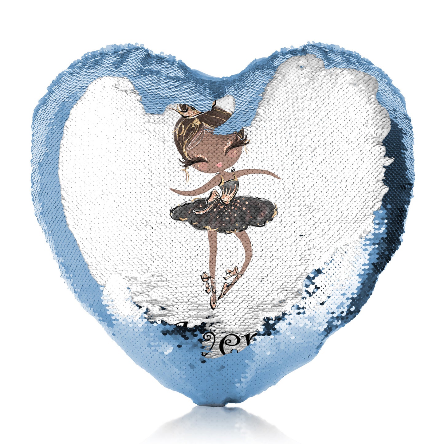 Personalised Sequin Heart Cushion with Cute Text and Black Hair Black Dress Tiara Ballerina