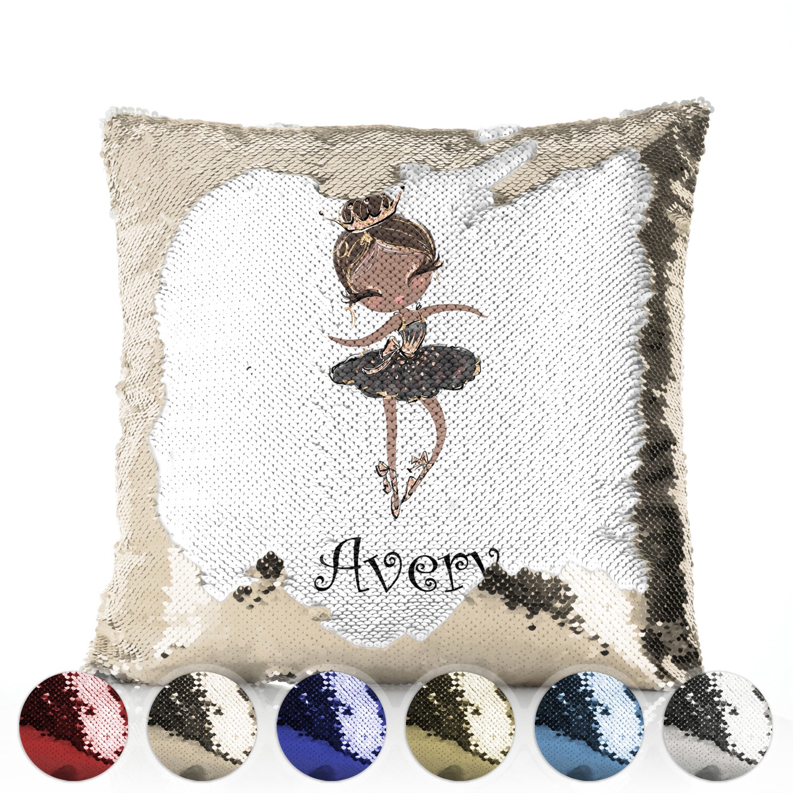 Personalised Sequin Cushion with Cute Text and Black Hair Black Dress Tiara Ballerina