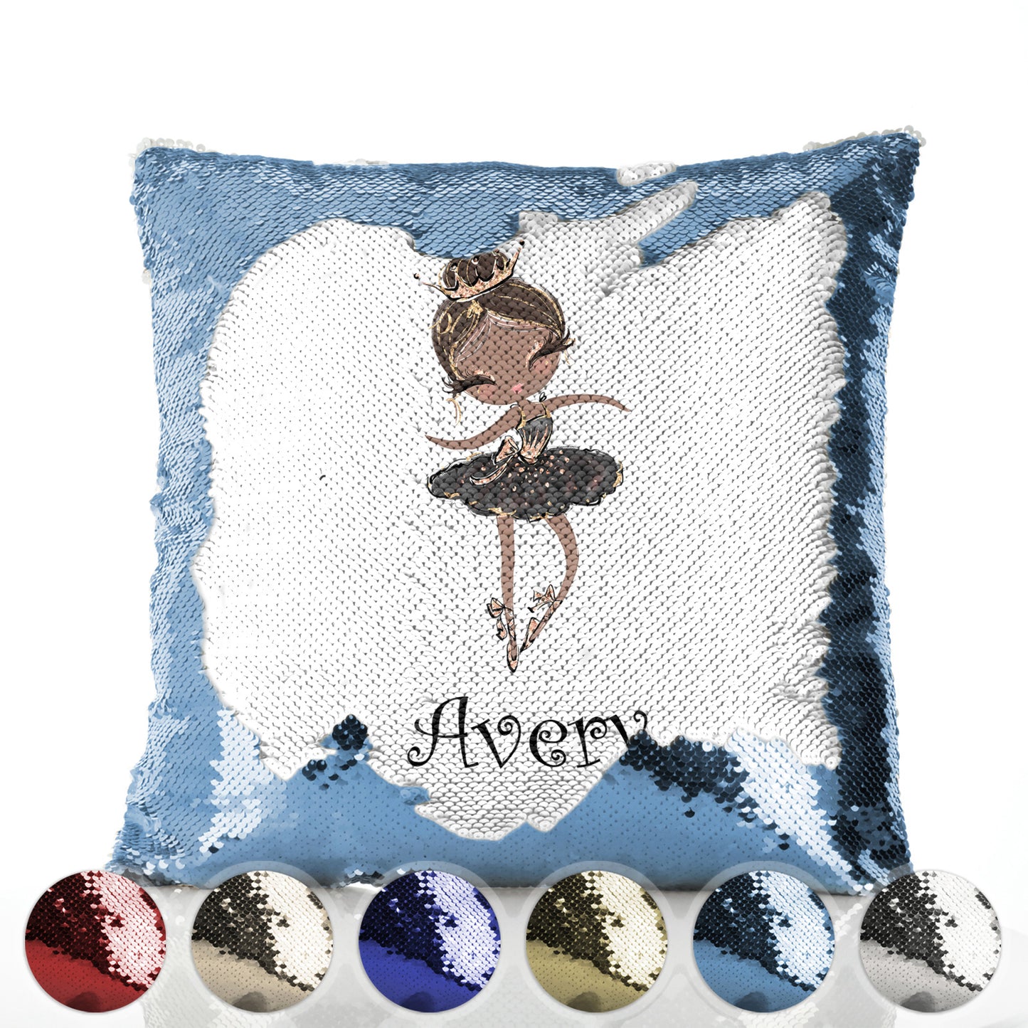 Personalised Sequin Cushion with Cute Text and Black Hair Black Dress Tiara Ballerina