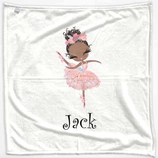 Personalised Baby Blanket with Cute Text and Black Hair Pink Dress Ballerina