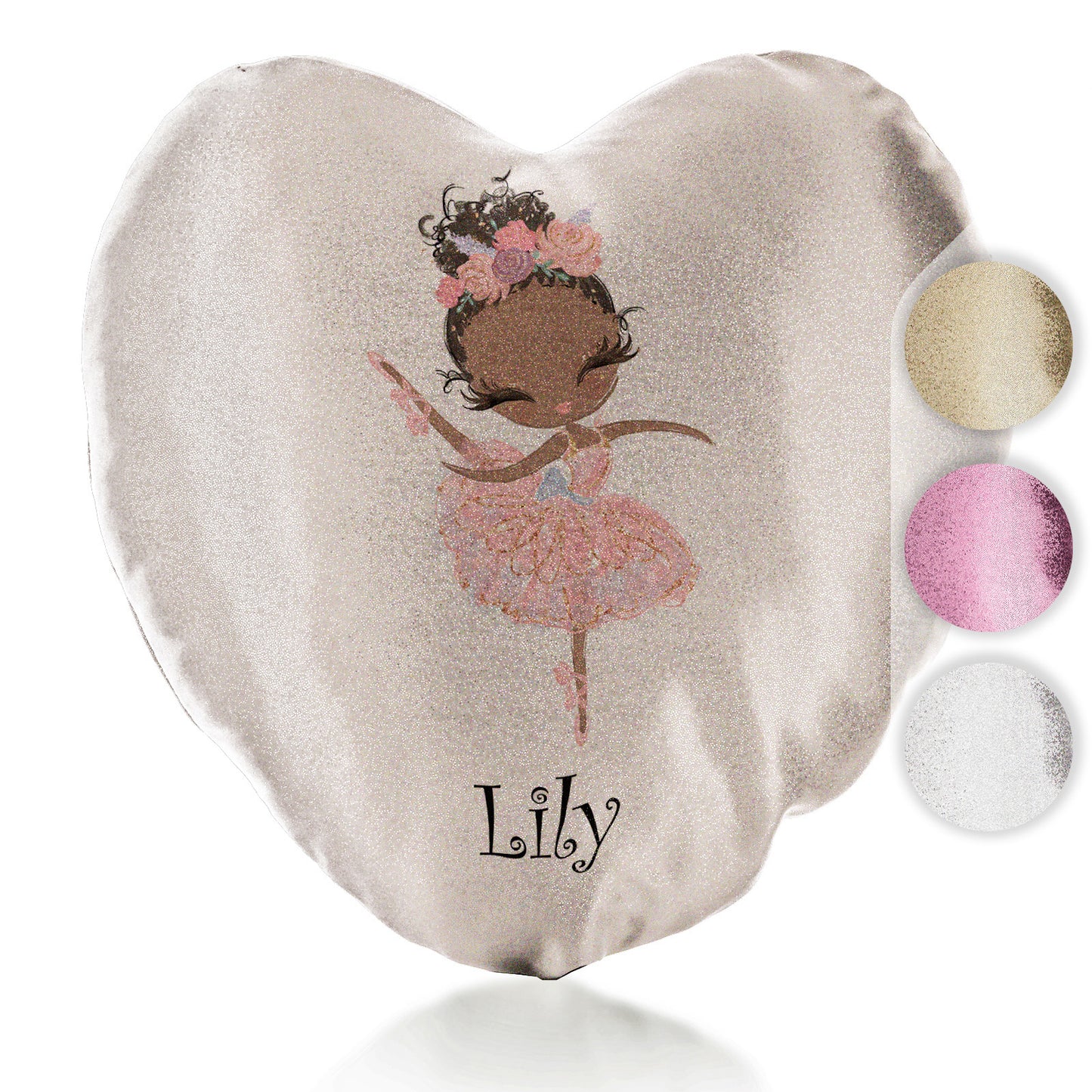 Personalised Glitter Heart Cushion with Cute Text and Black Hair Pink Dress Ballerina