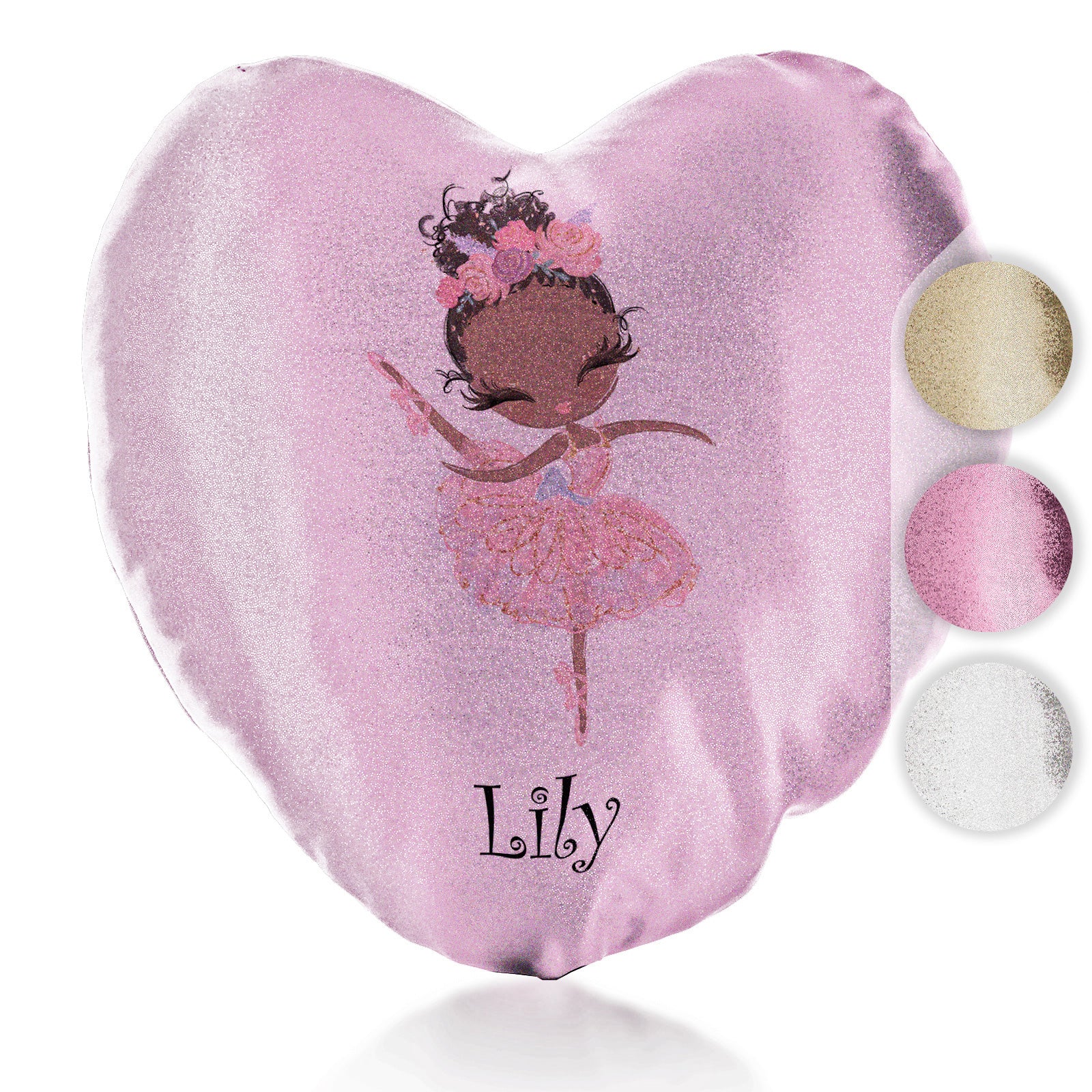 Personalised Glitter Heart Cushion with Cute Text and Black Hair Pink Dress Ballerina