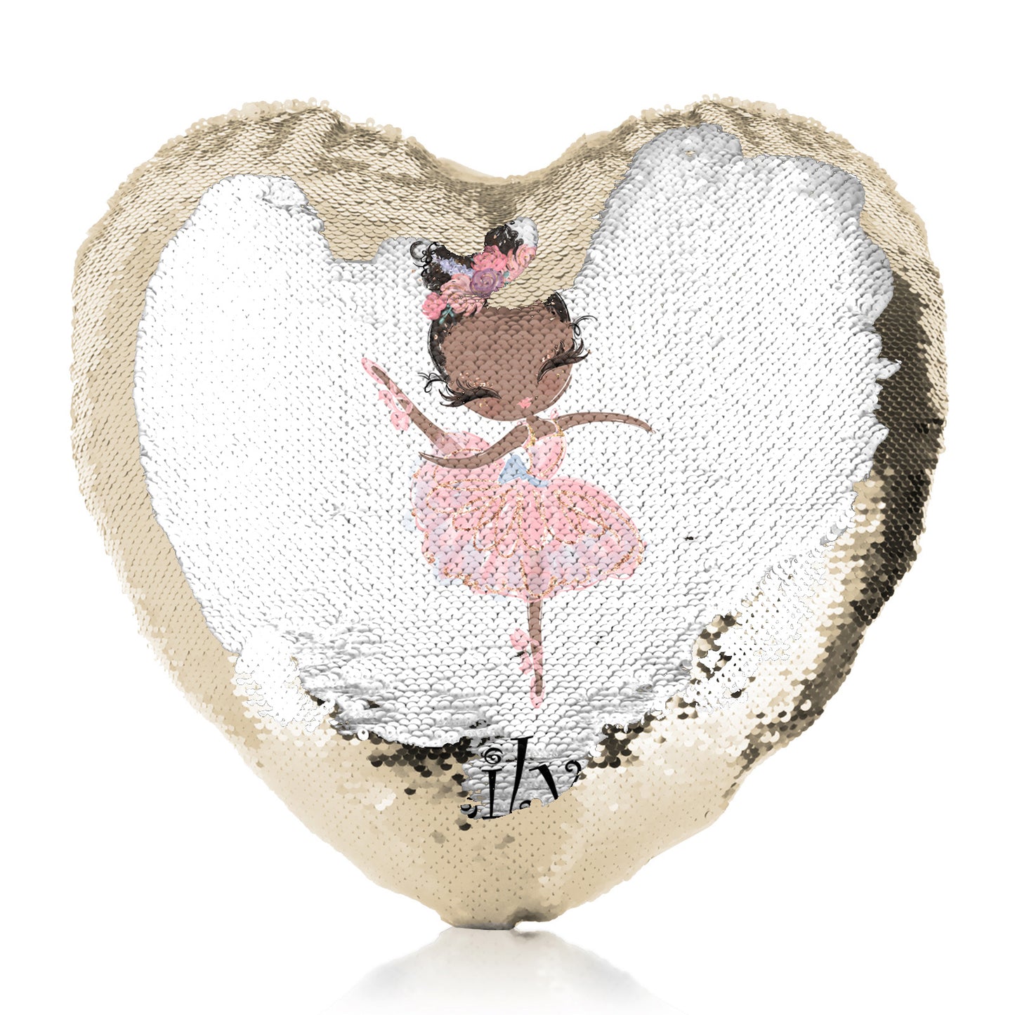 Personalised Sequin Heart Cushion with Cute Text and Black Hair Pink Dress Ballerina