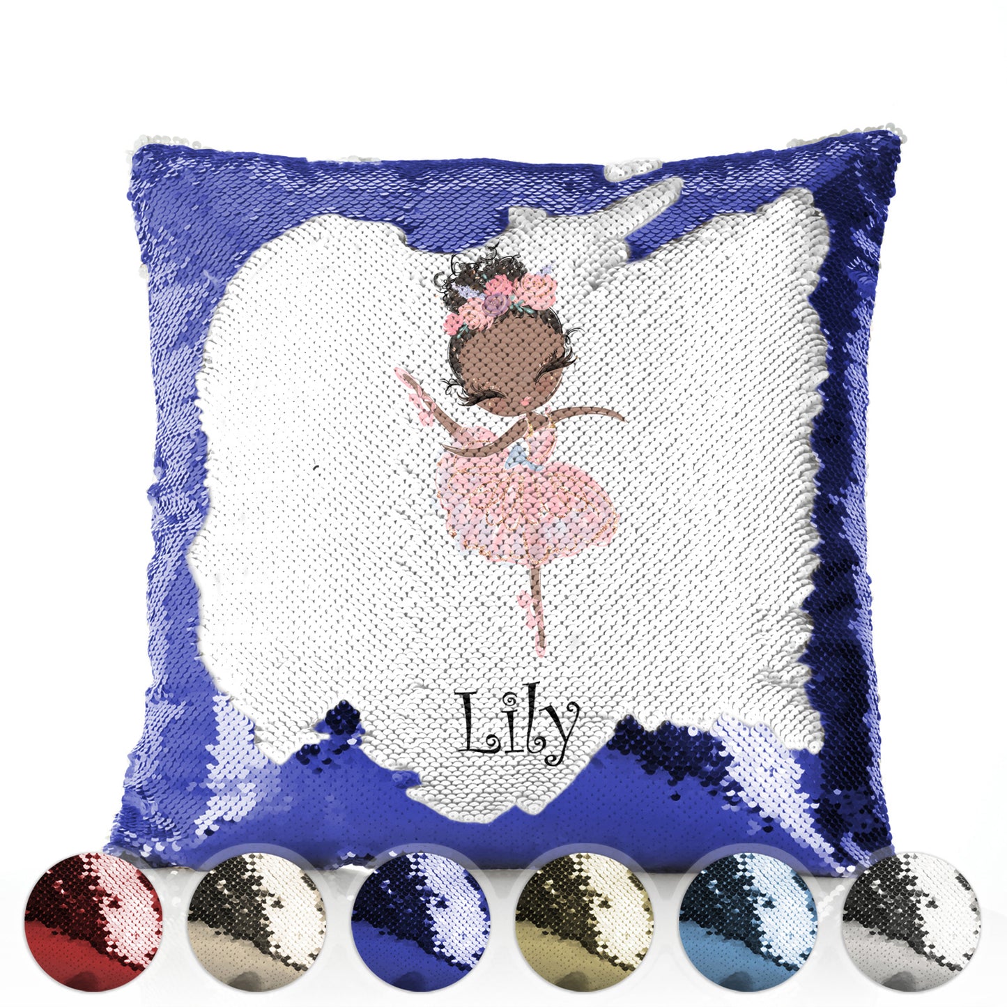 Personalised Sequin Cushion with Cute Text and Black Hair Pink Dress Ballerina