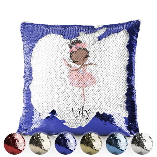 Personalised Sequin Cushion with Cute Text and Black Hair Pink Dress Ballerina