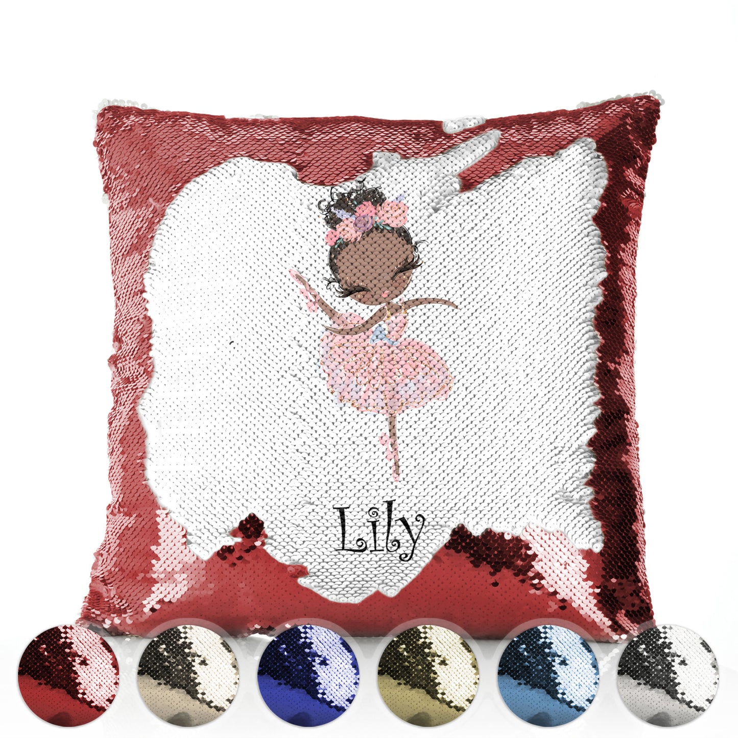 Personalised Sequin Cushion with Cute Text and Black Hair Pink Dress Ballerina