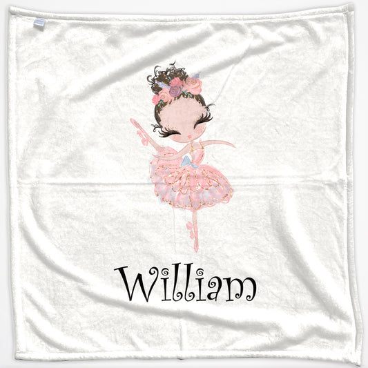 Personalised Baby Blanket with Cute Text and Brown Hair Pink Dress Ballerina