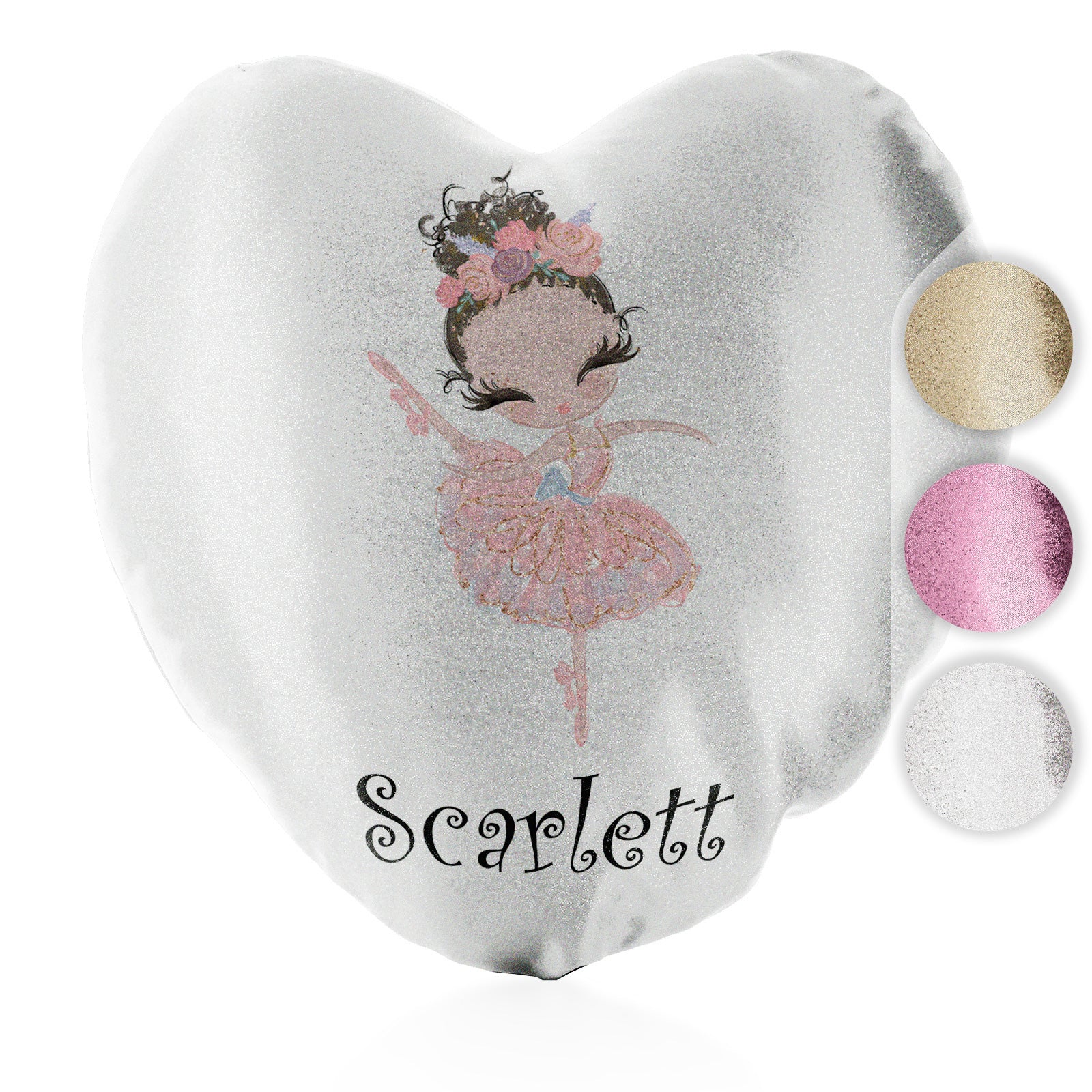 Personalised Glitter Heart Cushion with Cute Text and Brown Hair Pink Dress Ballerina