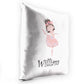 Personalised Glitter Cushion with Cute Text and Brown Hair Pink Dress Ballerina