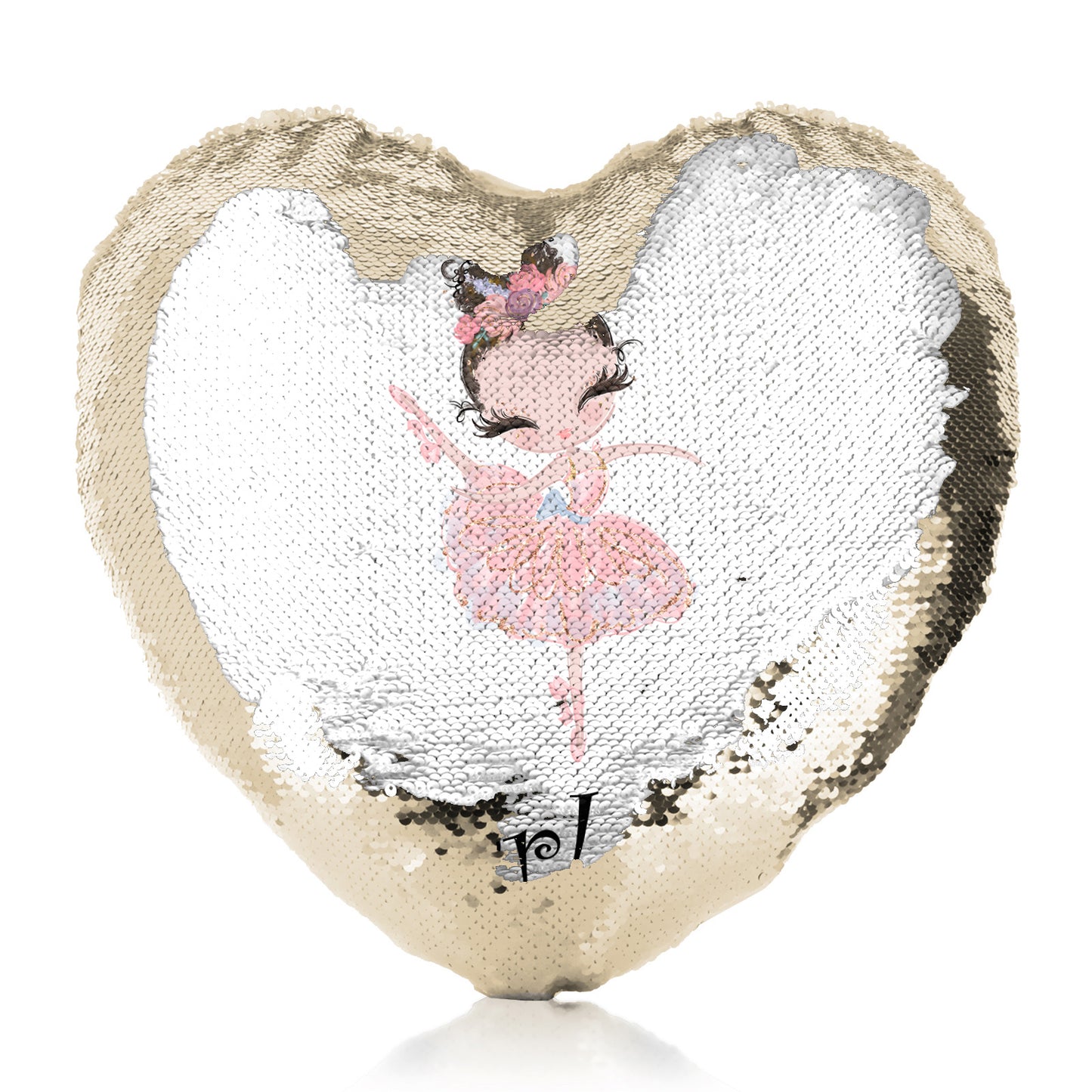 Personalised Sequin Heart Cushion with Cute Text and Brown Hair Pink Dress Ballerina