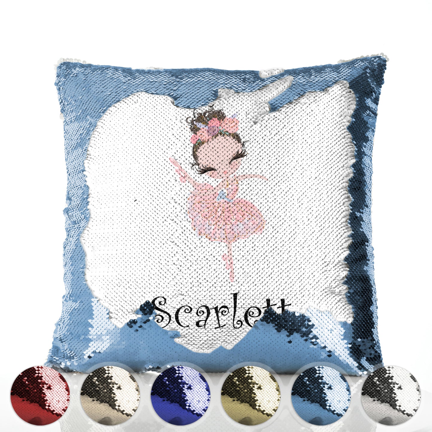 Personalised Sequin Cushion with Cute Text and Brown Hair Pink Dress Ballerina