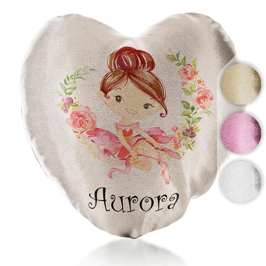 Personalised Glitter Heart Cushion with Cute Text and Flower Wreath Light Brown Hair Ballerina