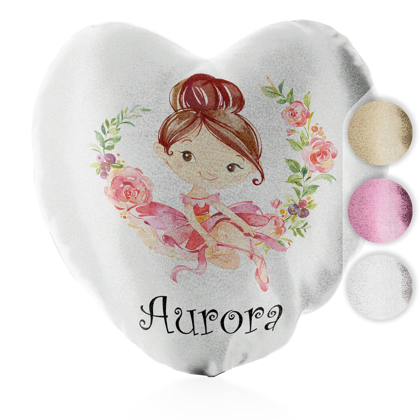 Personalised Glitter Heart Cushion with Cute Text and Flower Wreath Light Brown Hair Ballerina