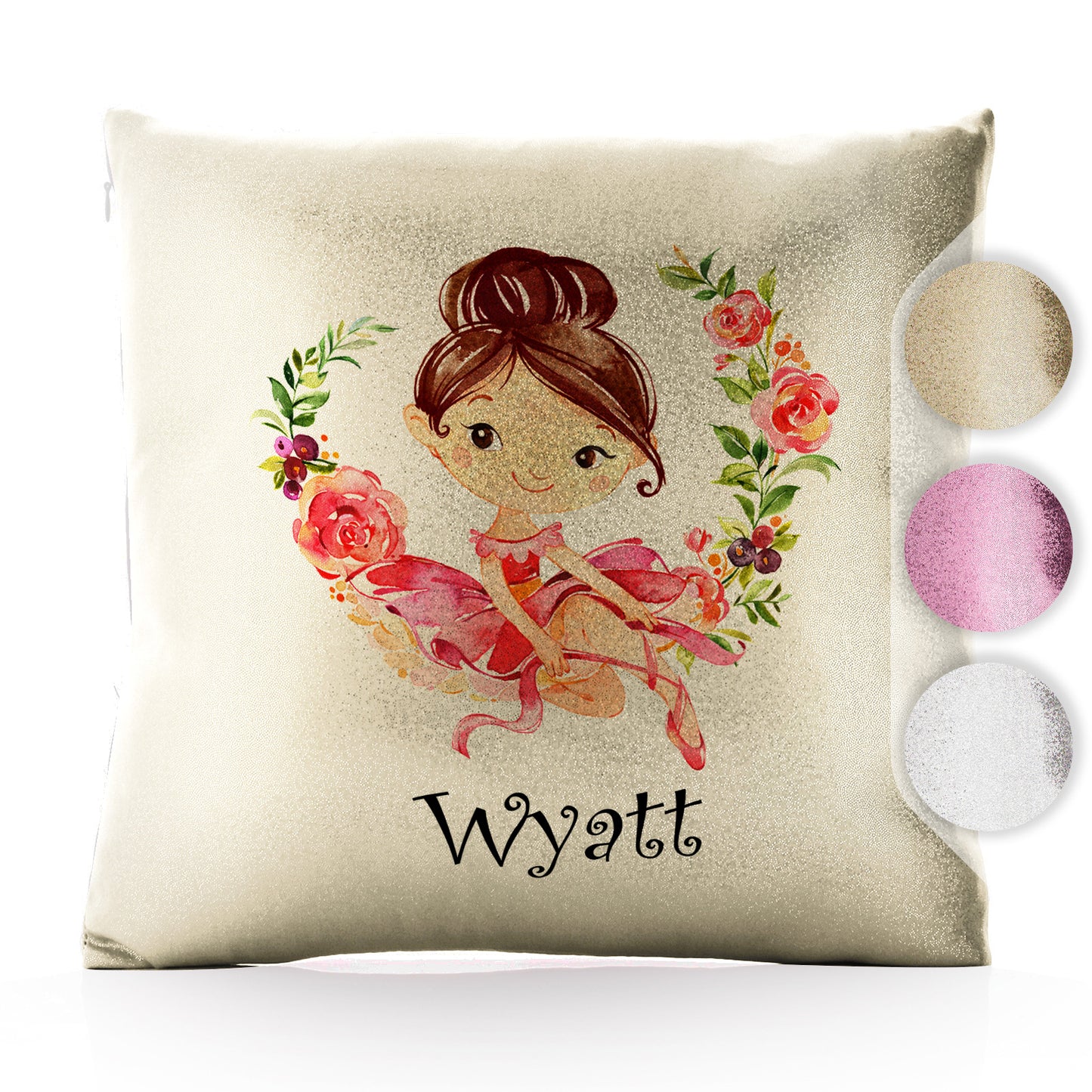 Personalised Glitter Cushion with Cute Text and Flower Wreath Light Brown Hair Ballerina