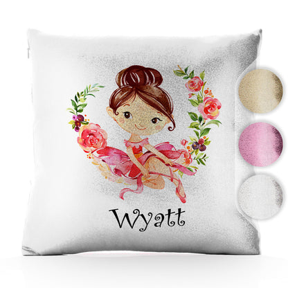 Personalised Glitter Cushion with Cute Text and Flower Wreath Light Brown Hair Ballerina