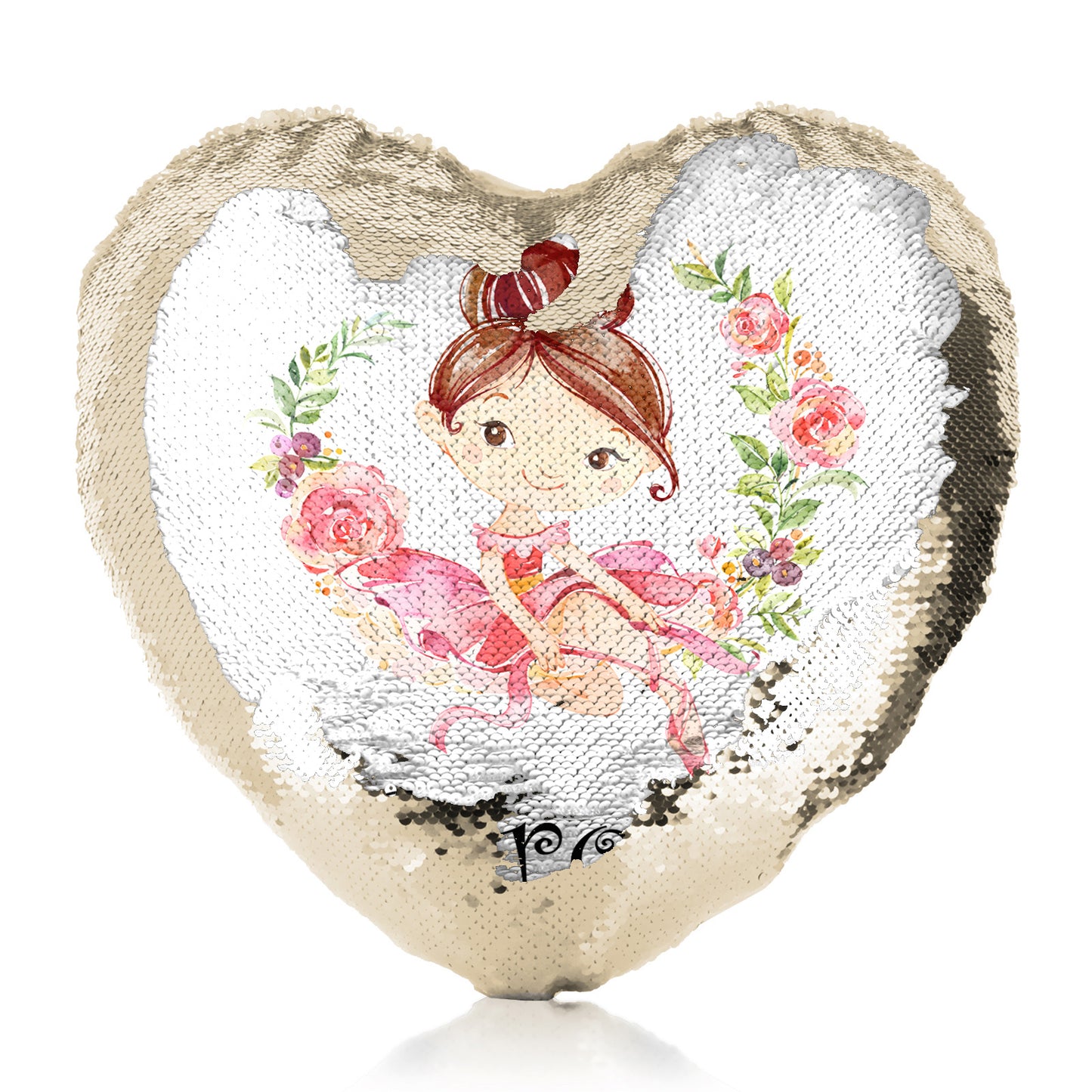 Personalised Sequin Heart Cushion with Cute Text and Flower Wreath Light Brown Hair Ballerina
