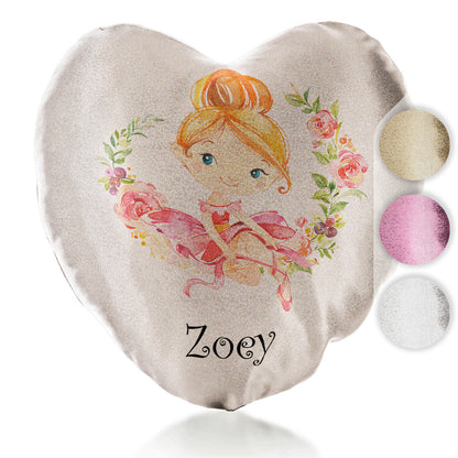 Personalised Glitter Heart Cushion with Cute Text and Flower Wreath Red Hair Ballerina