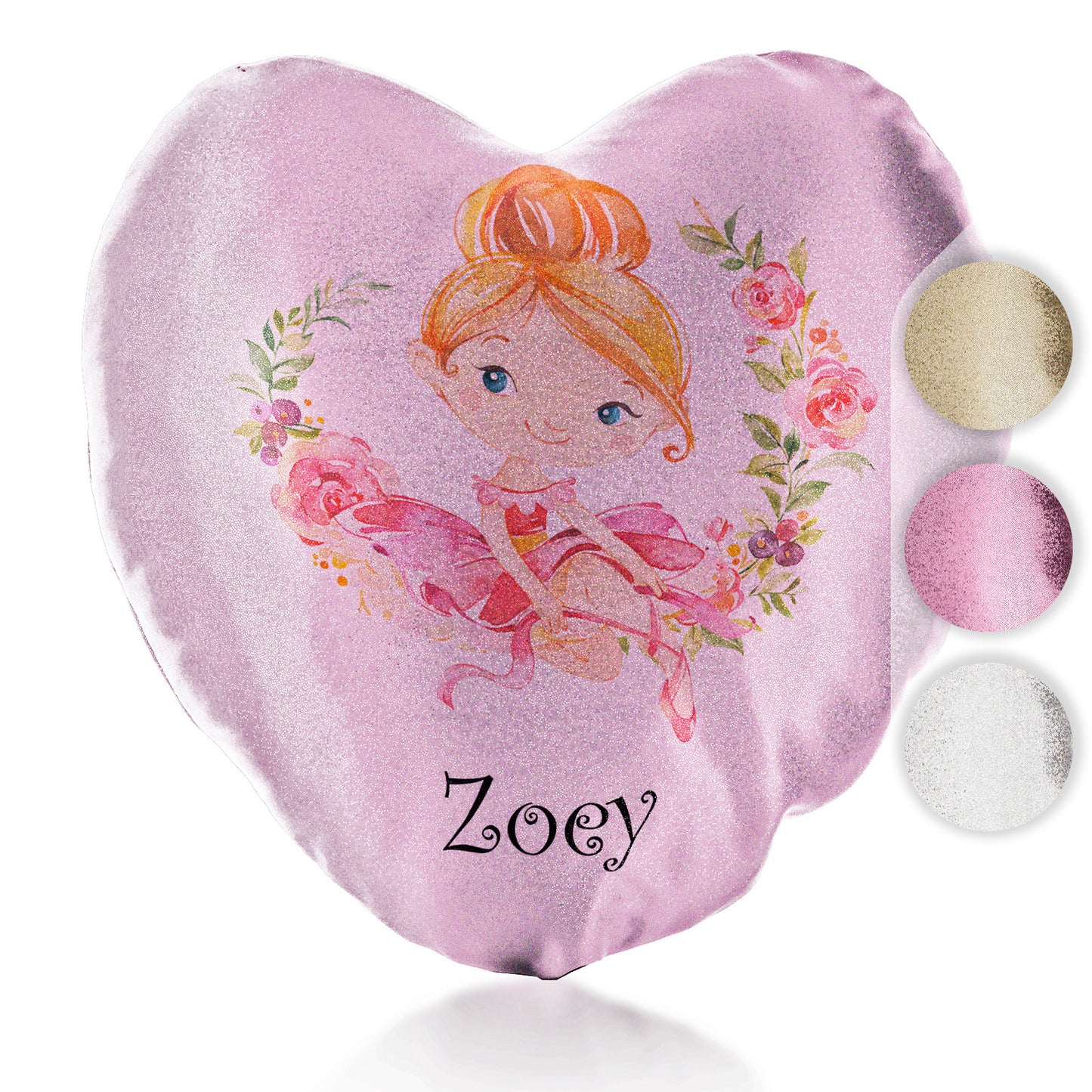 Personalised Glitter Heart Cushion with Cute Text and Flower Wreath Red Hair Ballerina