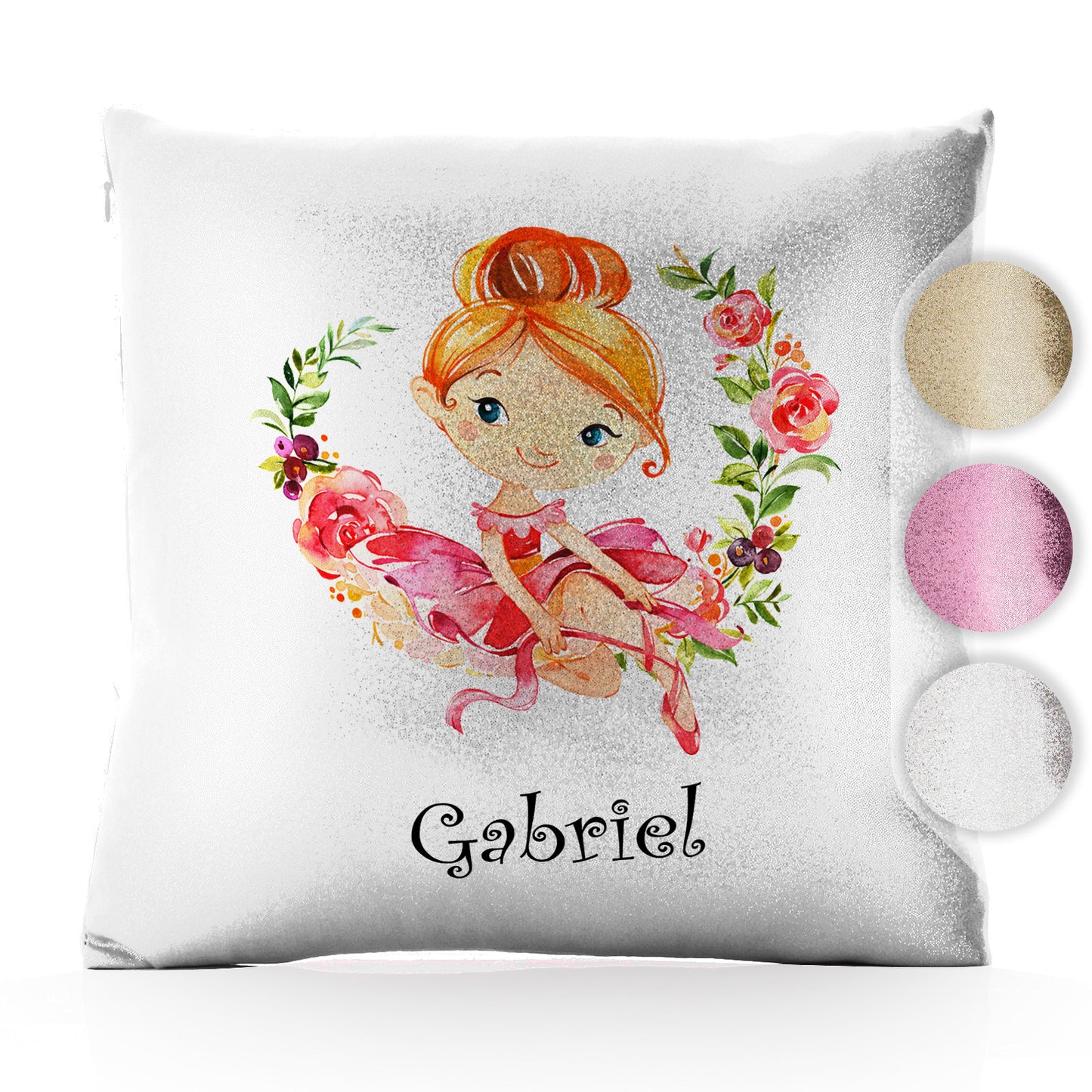 Personalised Glitter Cushion with Cute Text and Flower Wreath Red Hair Ballerina