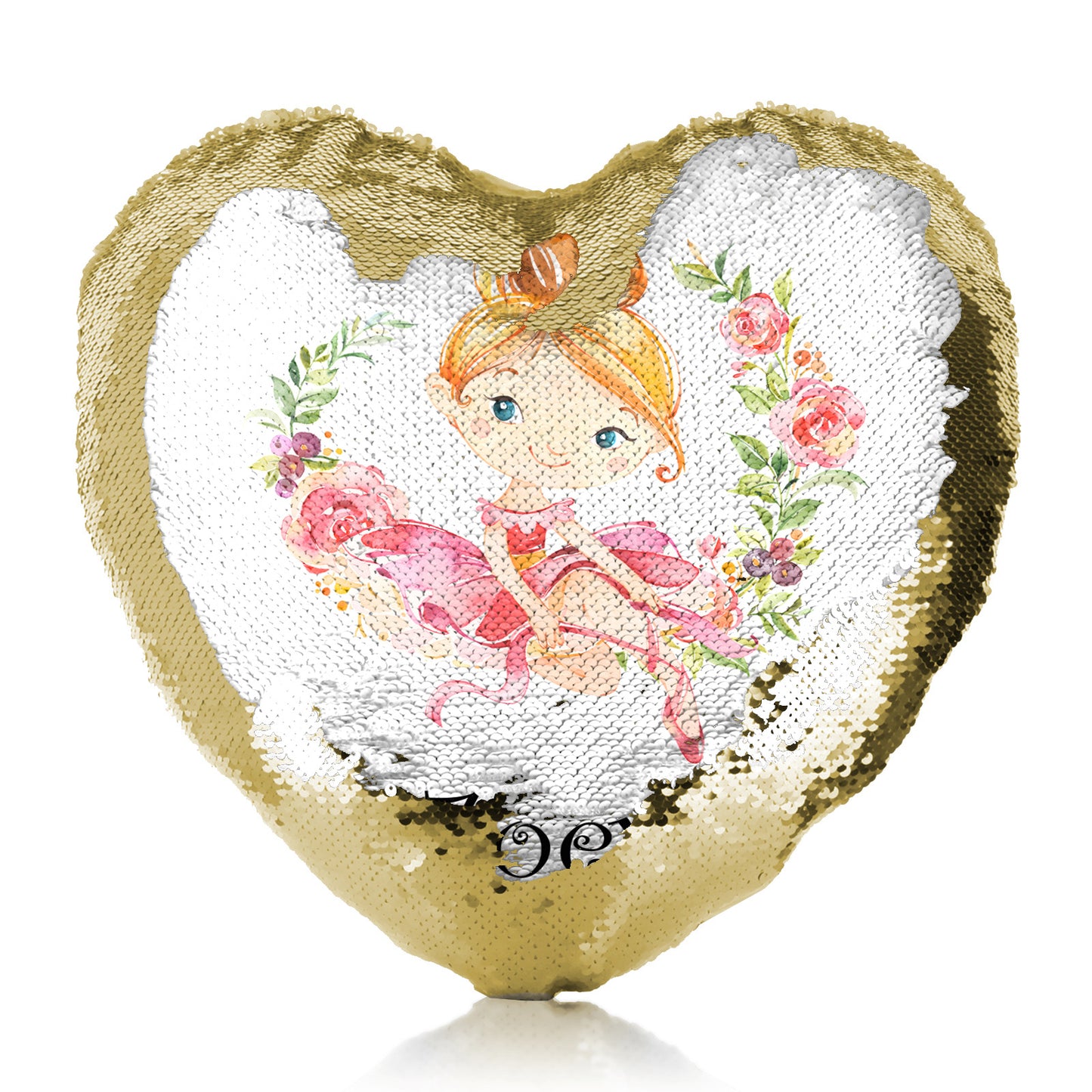 Personalised Sequin Heart Cushion with Cute Text and Flower Wreath Red Hair Ballerina